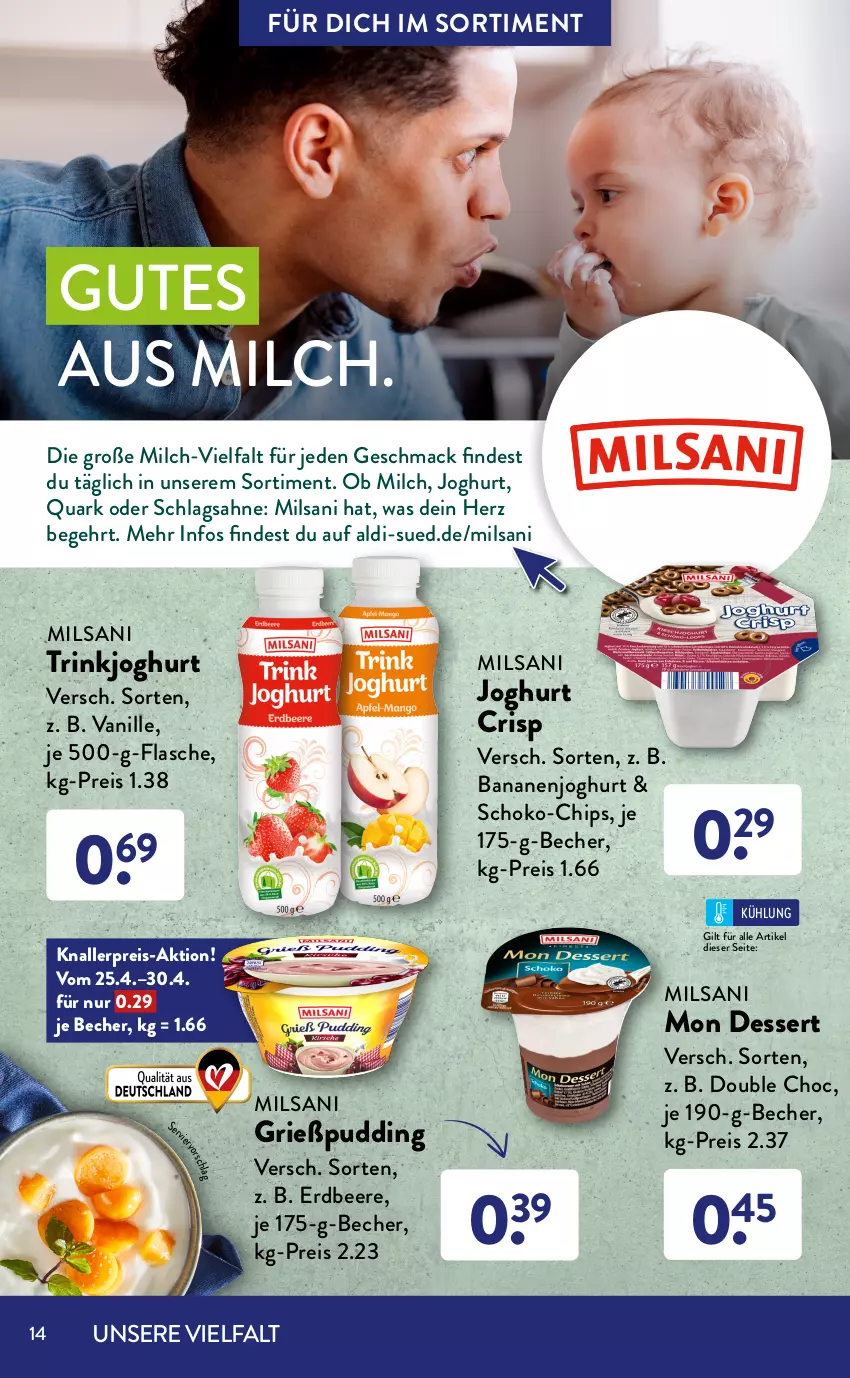 Aktueller Prospekt AldiSud - ALDI Sortiment - von 01.04 bis 30.04.2022 - strona 14 - produkty: aldi, banane, bananen, Becher, beere, butter, buttermilch, chips, dessert, discount, eis, elle, erdbeere, flasche, frucht, Grießpudding, heidelbeere, himbeer, himbeere, joghur, joghurt, Kefir, knallerpreis, lebensmittel, mac, milch, Milchdessert, monitor, pudding, quark, reis, sahne, schlagsahne, schoko, Ti, vanille