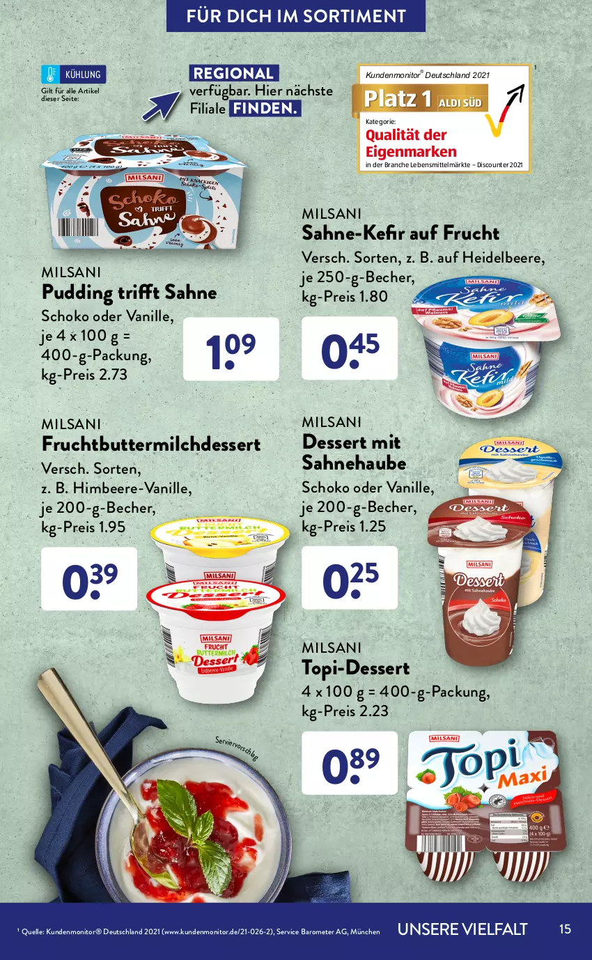 Aktueller Prospekt AldiSud - ALDI Sortiment - von 01.04 bis 30.04.2022 - strona 15 - produkty: aldi, banane, bananen, Becher, beere, butter, buttermilch, chips, dessert, discount, eis, elle, erdbeere, flasche, frucht, Grießpudding, heidelbeere, himbeer, himbeere, joghur, joghurt, Kefir, knallerpreis, lebensmittel, mac, milch, Milchdessert, monitor, pudding, quark, reis, sahne, schlagsahne, schoko, Ti, vanille