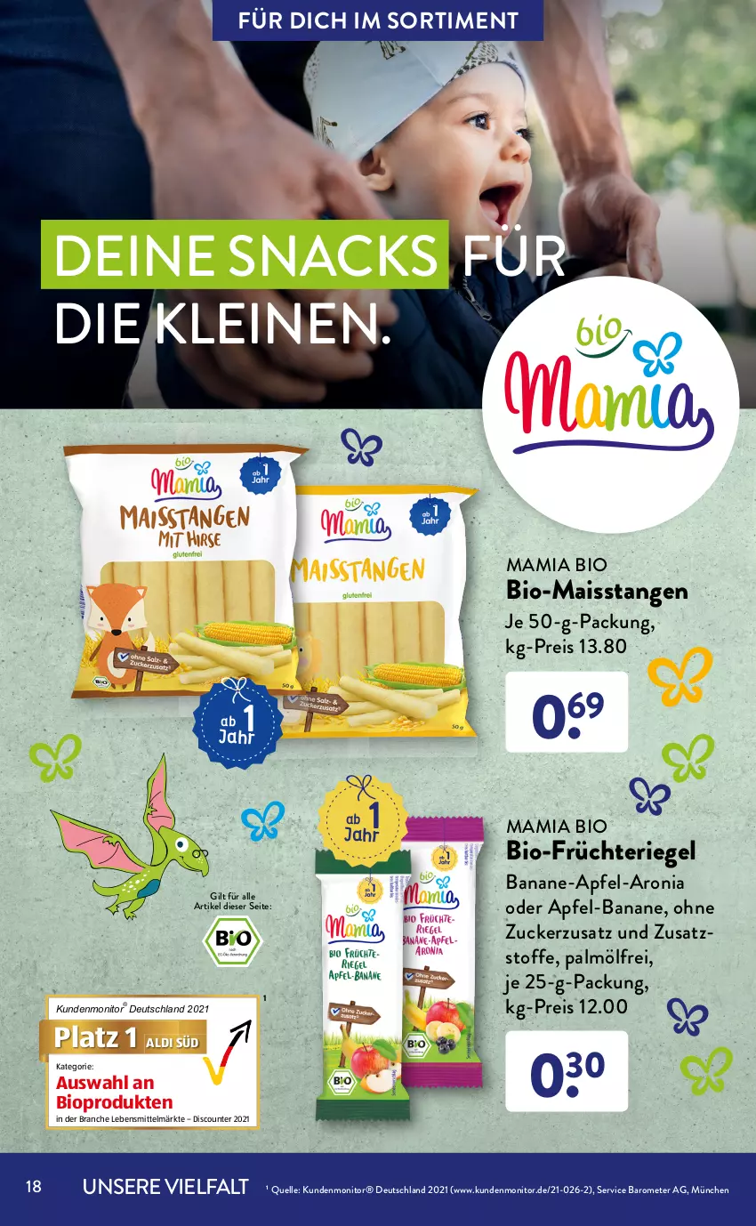 Aktueller Prospekt AldiSud - ALDI Sortiment - von 01.04 bis 30.04.2022 - strona 18 - produkty: aldi, apfel, banane, bio, discount, eis, eiswaffeln, elle, früchte, hafer, keks, lebensmittel, leine, mais, mam, mango, monitor, reis, Reiswaffeln, rezept, riegel, snack, snacks, Ti, waffeln, zucker