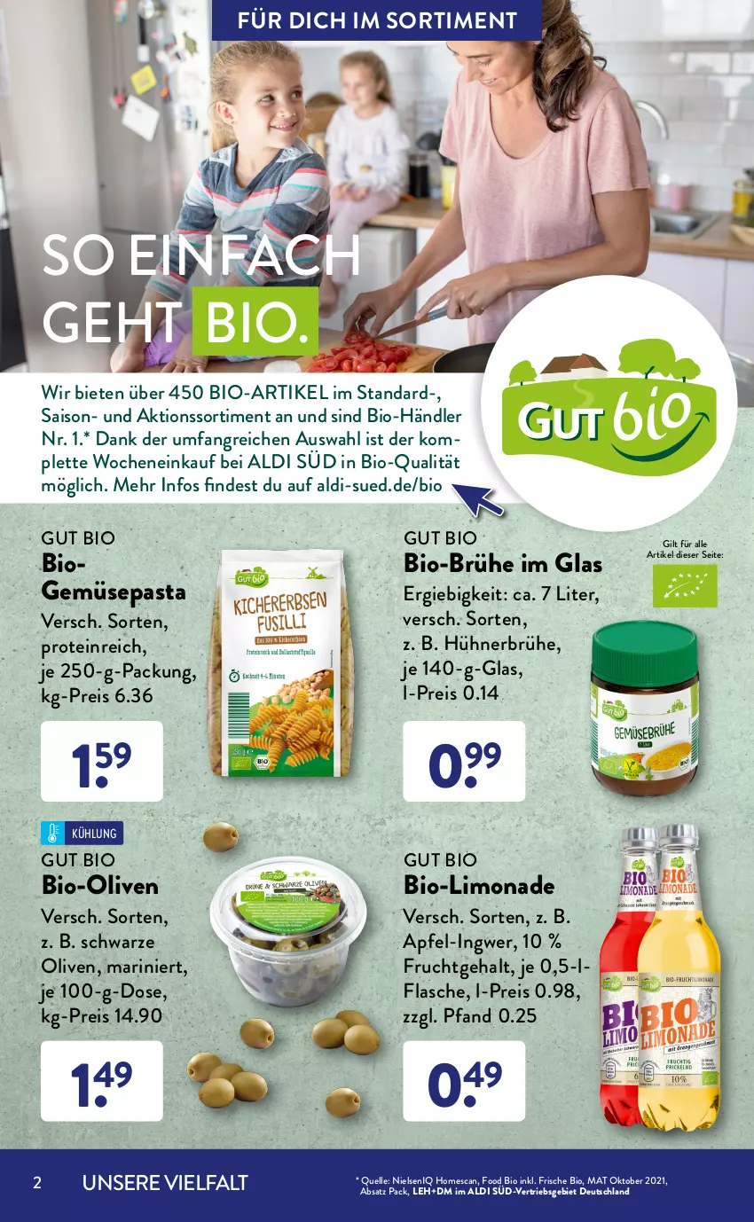 Aktueller Prospekt AldiSud - ALDI Sortiment - von 01.04 bis 30.04.2022 - strona 2 - produkty: aldi, alle artikel ohne dekoration, apfel, bio, Bio-Hackfleisch, Brühe, Crofton, crofton®, decke, Deckel, dekoration, dell, eis, elle, flasche, fleisch, frucht, gin, hackfleisch, herdarten, hühner, ingwer, je 250-g-packung, Kochtopf, LG, limo, limonade, Mode, olive, oliven, pasta, reis, rezept, rind, sauce, schwein, schweine, schweinefleisch, spaghetti, Ti, tomate, tomaten, tomatensauce, topf, wein, weine, ZTE