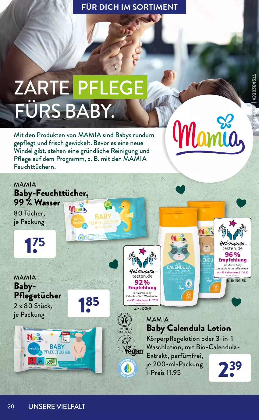 Aktueller Prospekt AldiSud - ALDI Sortiment - von 01.04 bis 30.04.2022 - strona 20 - produkty: Baby Wundschutzcreme, bio, Calendula, creme, eis, feuchttücher, gesichtspflege, körperpflege, Lotion, mam, Pants, Pflegecreme, Reinigung, reis, Schutzcreme, Ti, tücher, Waschlotion, wasser, WICK, windeln