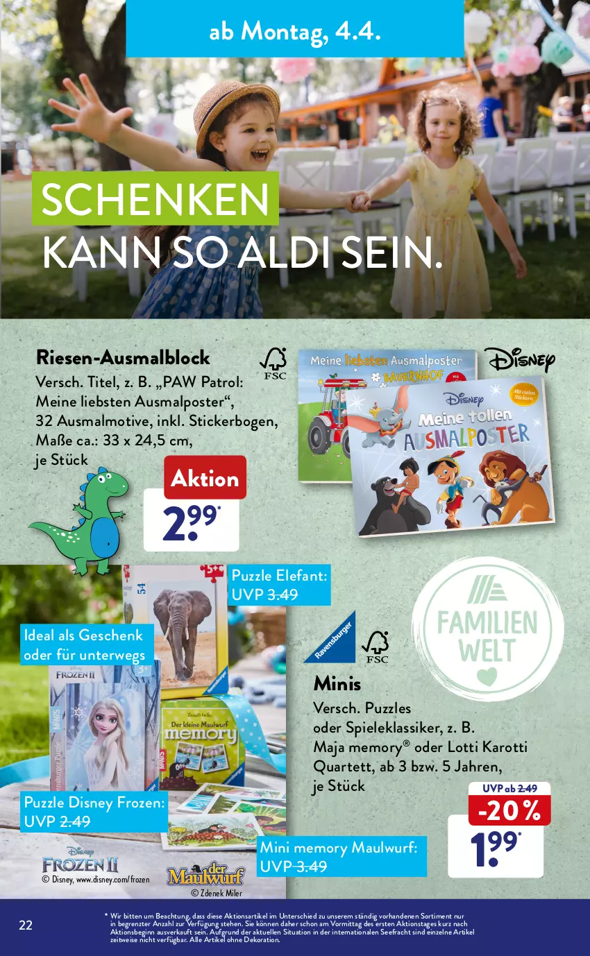 Aktueller Prospekt AldiSud - ALDI Sortiment - von 01.04 bis 30.04.2022 - strona 22 - produkty: aldi, alle artikel ohne dekoration, Brei, buch, buntstifte, dekoration, disney, eis, Elefant, elle, Fineliner, gin, Holz, Kinder, Klappbox, kräuter, kräutern, Malblock, Paw Patrol, pflanze, pflanzen, Pinsel, Puzzle, Rauch, rwe, Spiele, stifte, Ti, tisch, und gemüse, ZTE