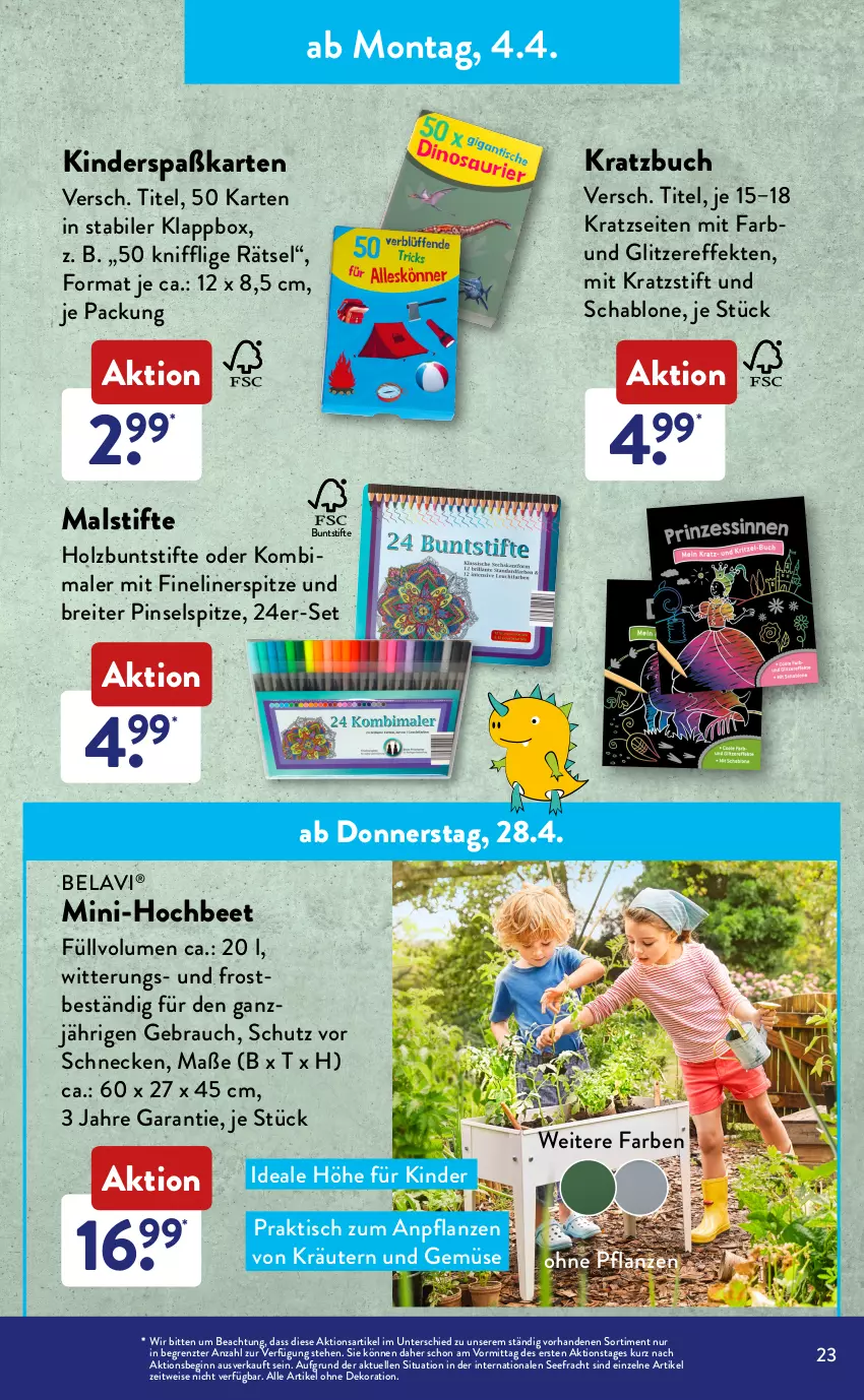 Aktueller Prospekt AldiSud - ALDI Sortiment - von 01.04 bis 30.04.2022 - strona 23 - produkty: aldi, alle artikel ohne dekoration, Brei, buch, buntstifte, dekoration, disney, eis, Elefant, elle, Fineliner, gin, Holz, Kinder, Klappbox, kräuter, kräutern, Malblock, Paw Patrol, pflanze, pflanzen, Pinsel, Puzzle, Rauch, rwe, Spiele, stifte, Ti, tisch, und gemüse, ZTE