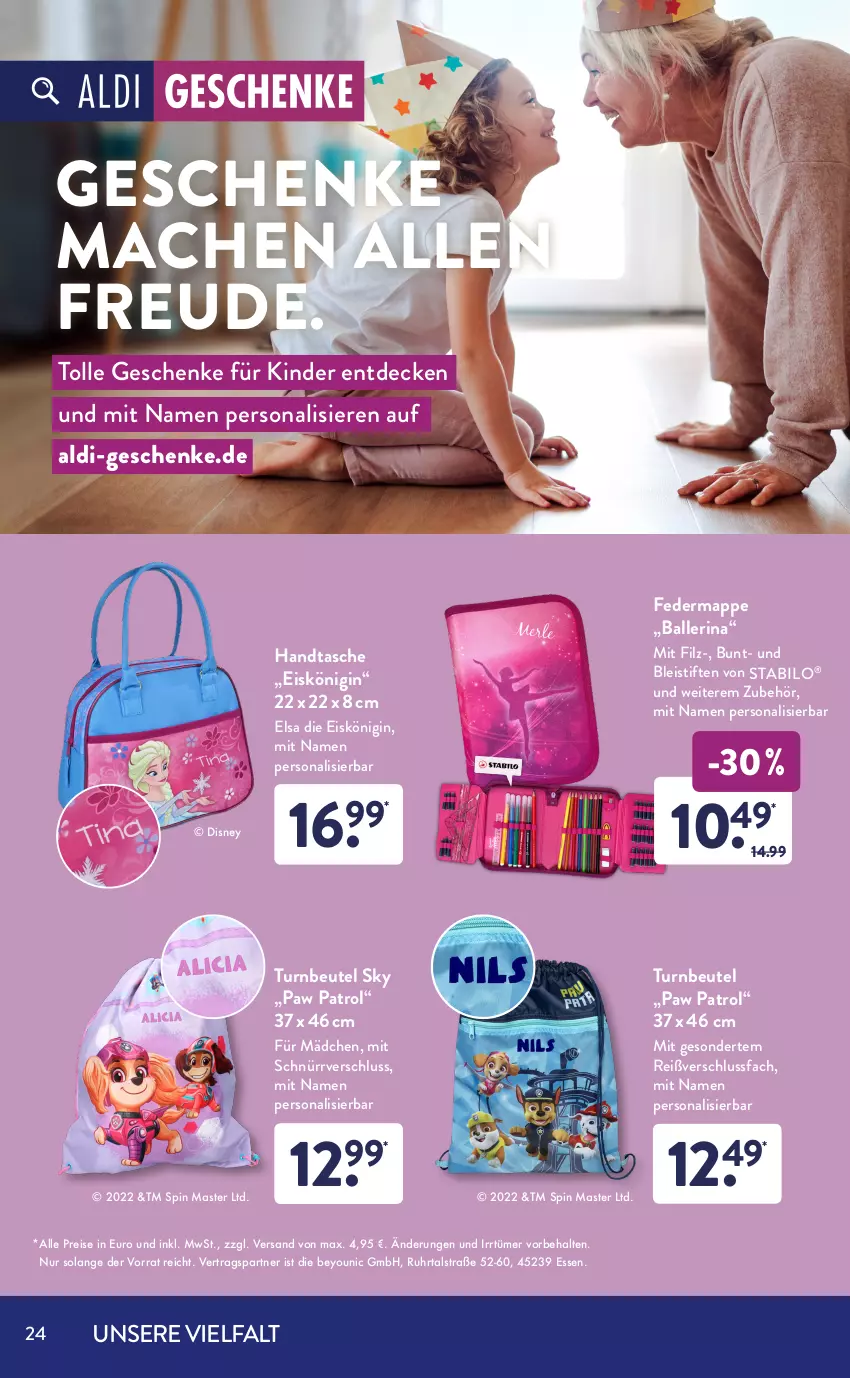 Aktueller Prospekt AldiSud - ALDI Sortiment - von 01.04 bis 30.04.2022 - strona 24 - produkty: aldi, ball, beutel, Bleistift, bleistifte, buch, decke, disney, eis, Eiskönigin, gin, Handtasche, Holz, Kinder, Kinderbuch, Kinderrucksack, mac, Paw Patrol, Persona, reis, rucksack, sac, stabilo, Steckspiel, stifte, Tasche, Ti, uhr, Yo