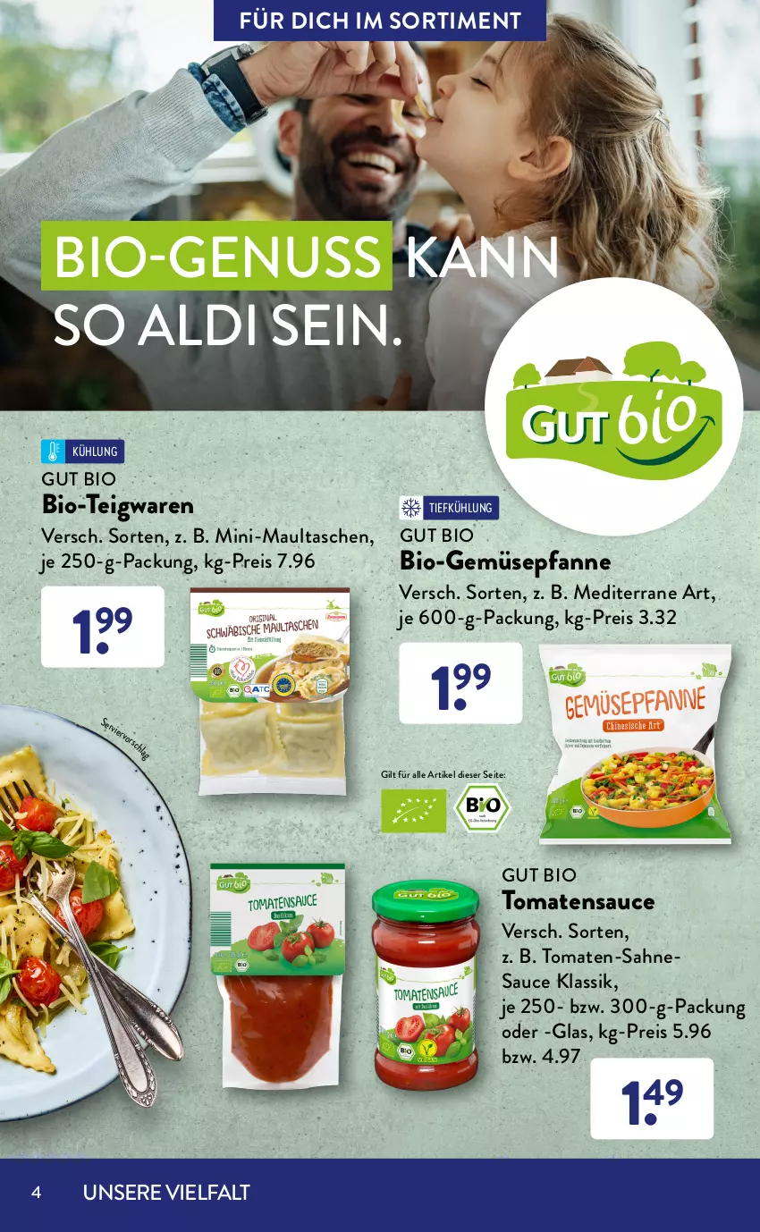 Aktueller Prospekt AldiSud - ALDI Sortiment - von 01.04 bis 30.04.2022 - strona 4 - produkty: aldi, apfel, apfelmus, Bau, beere, beeren, bio, Bio-Gemüse, Bio-Obst, brot, ciabatta, eis, ente, erdbeere, erdbeeren, fleisch, fleischwurst, je 250-g-packung, knallerpreis, LG, maultaschen, mehl, nuss, obst, Ofen, pfanne, reis, sahne, sauce, Spezi, Tasche, taschen, teigwaren, Ti, tomate, tomaten, tomatensauce, walnuss, walnusskerne, weizenmehl, wiener, wurst