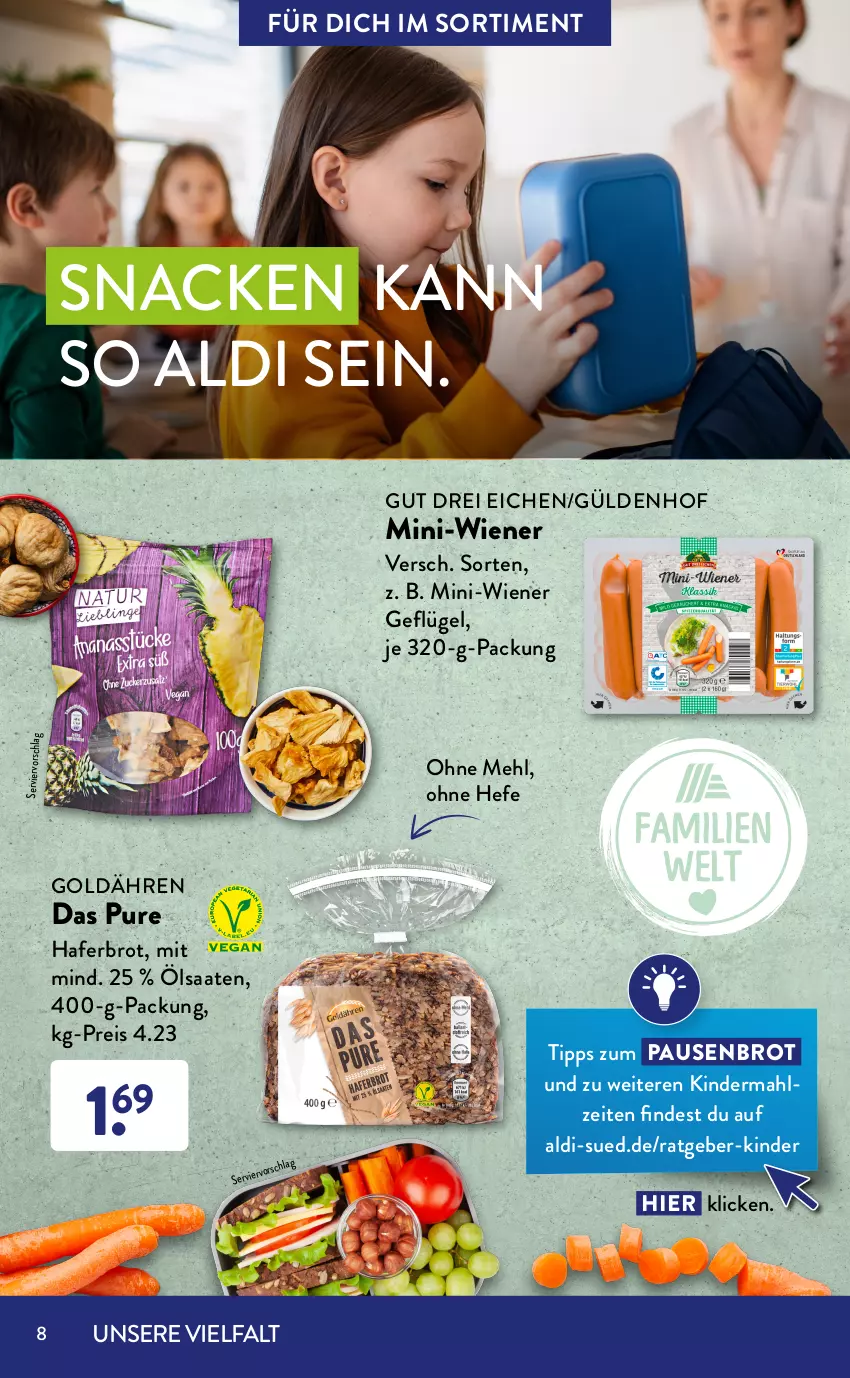 Aktueller Prospekt AldiSud - ALDI Sortiment - von 01.04 bis 30.04.2022 - strona 8 - produkty: aldi, alle artikel ohne dekoration, apfel, bio, brot, dekoration, eis, eiswaffeln, elle, flasche, frucht, fruchtsaft, fruchtsaftgetränk, Geflügel, getränk, gin, hafer, Hefe, kamera, Kinder, Kinderkamera, meersalz, mehl, orange, reis, Reiswaffeln, rhabarber, ring, rwe, saft, salz, schorle, snack, Spiele, Ti, tisch, waffeln, wiener, ZTE