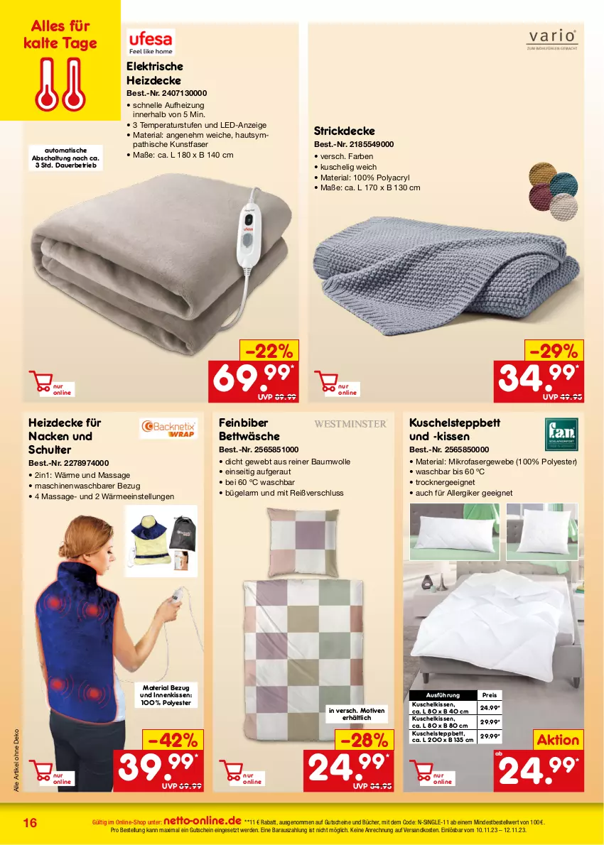 Aktueller Prospekt Netto Marken-Discount - Online-Angebote November - von 01.11 bis 30.11.2023 - strona 16 - produkty: auer, auto, Bau, baumwolle, bett, bettwäsche, bügel, decke, eis, elle, erde, Ergee, gutschein, gutscheine, kissen, mikrofaser, ndk, reis, Ria, Schal, steppbett, Strickdecke, Ti, tisch, Trockner, wolle