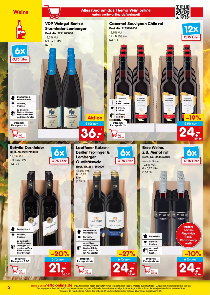 Aktueller Prospekt Netto Marken-Discount - Online-Angebote November - von 01.11 bis 30.11.2023 - strona 2 - produkty: angebot, auer, Berger, bestpreis, braten, bree, brot, cabernet, cabernet sauvignon, chardonnay, dornfelder, eis, filet, fleisch, Käse, küche, merl, merlot, ndk, Pinot, pinot noir, qualitätswein, reis, rind, rinder, rotwein, sauvignon, schinken, steak, Ti, trolli, trollinger, wein, weine, Wild, ZTE