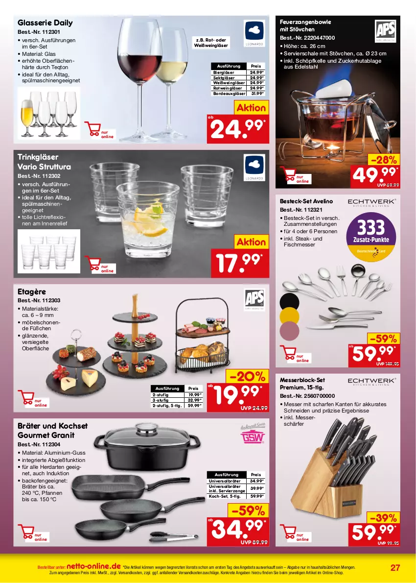 Aktueller Prospekt Netto Marken-Discount - Online-Angebote November - von 01.11 bis 30.11.2023 - strona 27 - produkty: akku, angebot, backofen, besteck, besteck-set, bier, bowle, edelstahl, eis, elle, fisch, Gläser, herdarten, LG, messer, messerblock, möbel, ndk, Ofen, pfanne, pfannen, reis, rel, Ria, rotwein, Schal, Schale, sekt, spülmaschinen, steak, Ti, wein, Weingläser, Weißwein, Zangen, ZTE, zucker