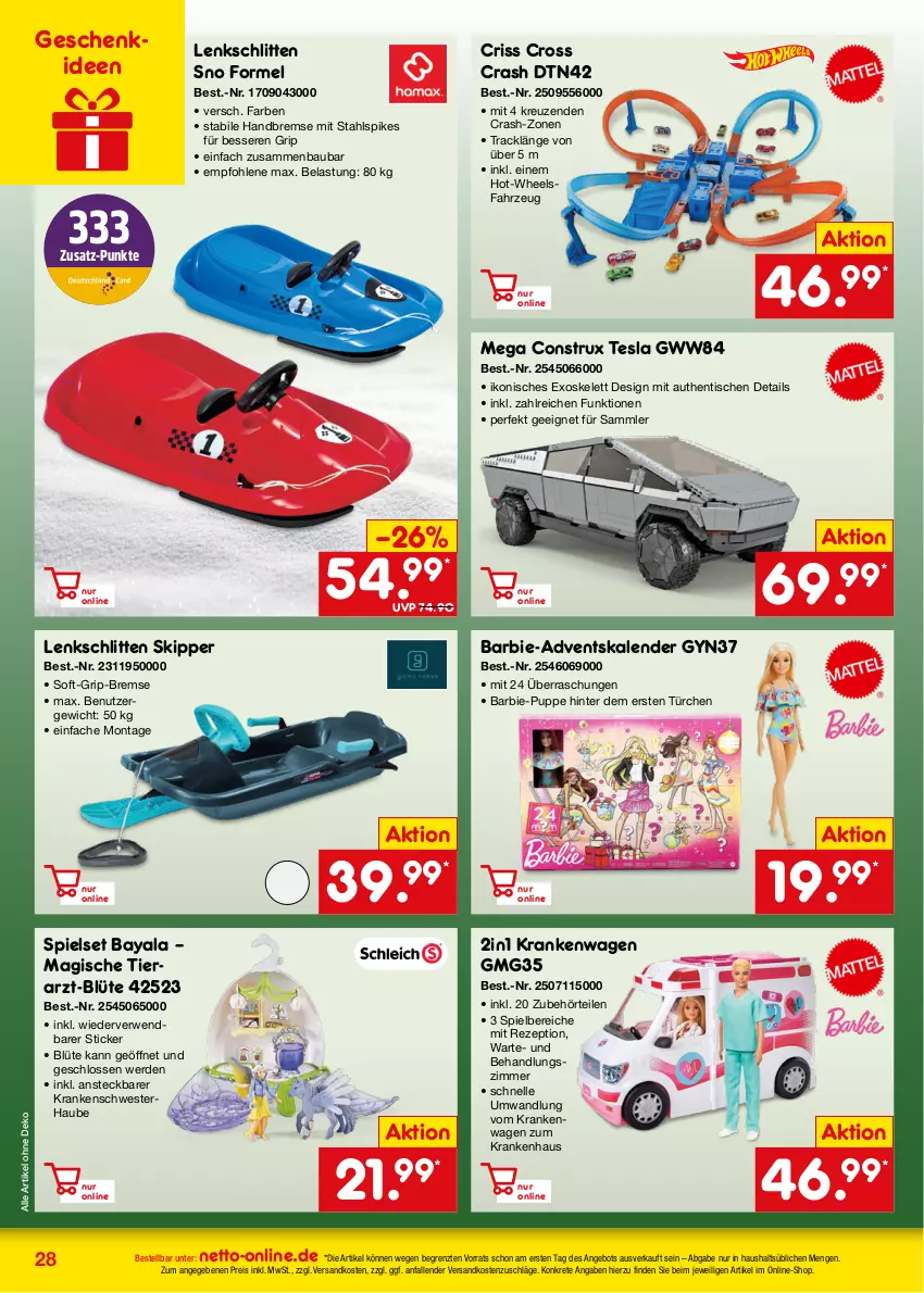 Aktueller Prospekt Netto Marken-Discount - Online-Angebote November - von 01.11 bis 30.11.2023 - strona 28 - produkty: Adventskalender, angebot, Barbie, Bau, Blüte, eis, elle, erde, ndk, Puppe, reis, rezept, rwe, Schlitten, Ti, tisch, Weste, ZTE