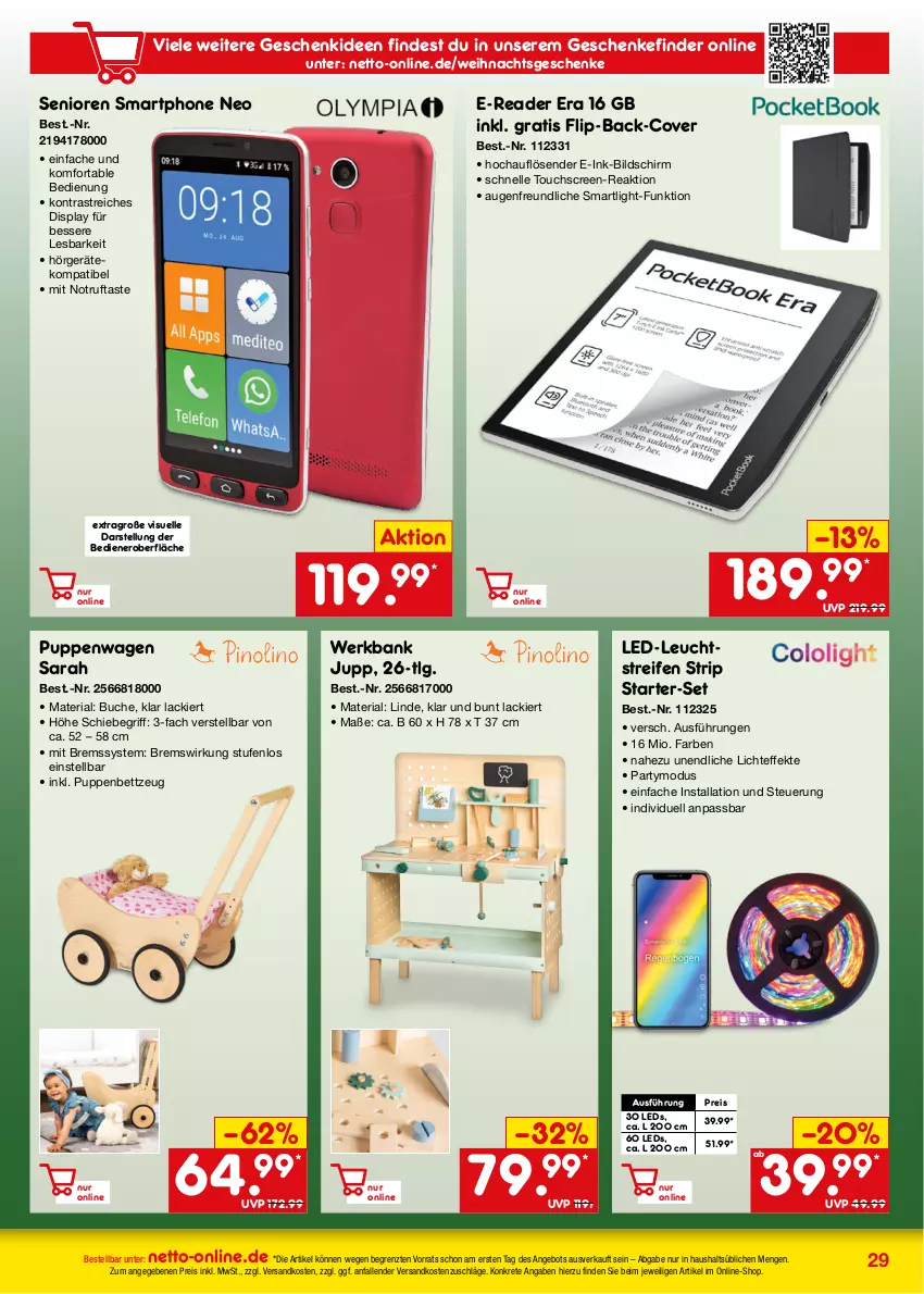 Aktueller Prospekt Netto Marken-Discount - Online-Angebote November - von 01.11 bis 30.11.2023 - strona 29 - produkty: angebot, Bank, bett, buch, eis, elle, lack, leds, LG, ndk, nero, Puppe, Puppenwagen, reifen, reis, Ria, smartphone, Ti, touchscreen, ZTE