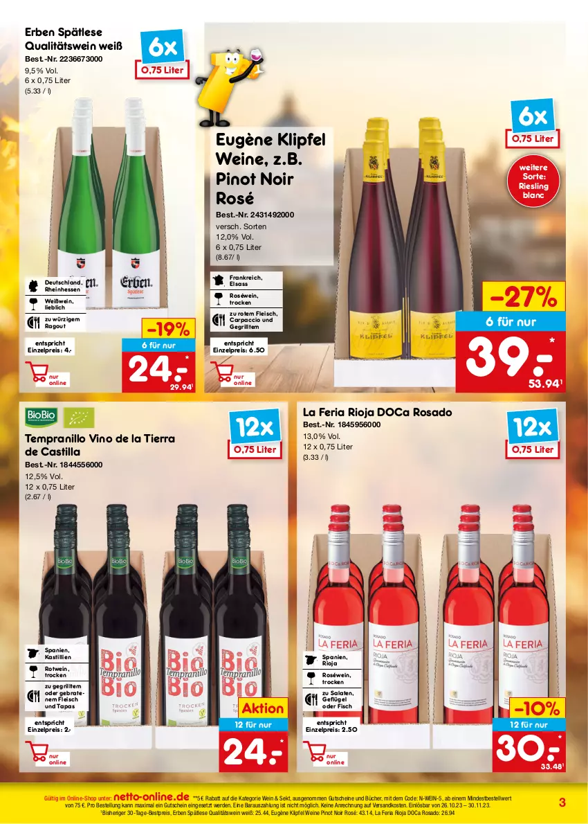 Aktueller Prospekt Netto Marken-Discount - Online-Angebote November - von 01.11 bis 30.11.2023 - strona 3 - produkty: ACC, asti, bestpreis, braten, Carpaccio, eis, erde, fisch, fleisch, Geflügel, grill, gutschein, gutscheine, ndk, Pinot, pinot noir, qualitätswein, Ragout, reis, Ria, riesling, rioja, roséwein, rotwein, salat, salate, sekt, Tapas, tempranillo, Ti, wein, weine, Weißwein