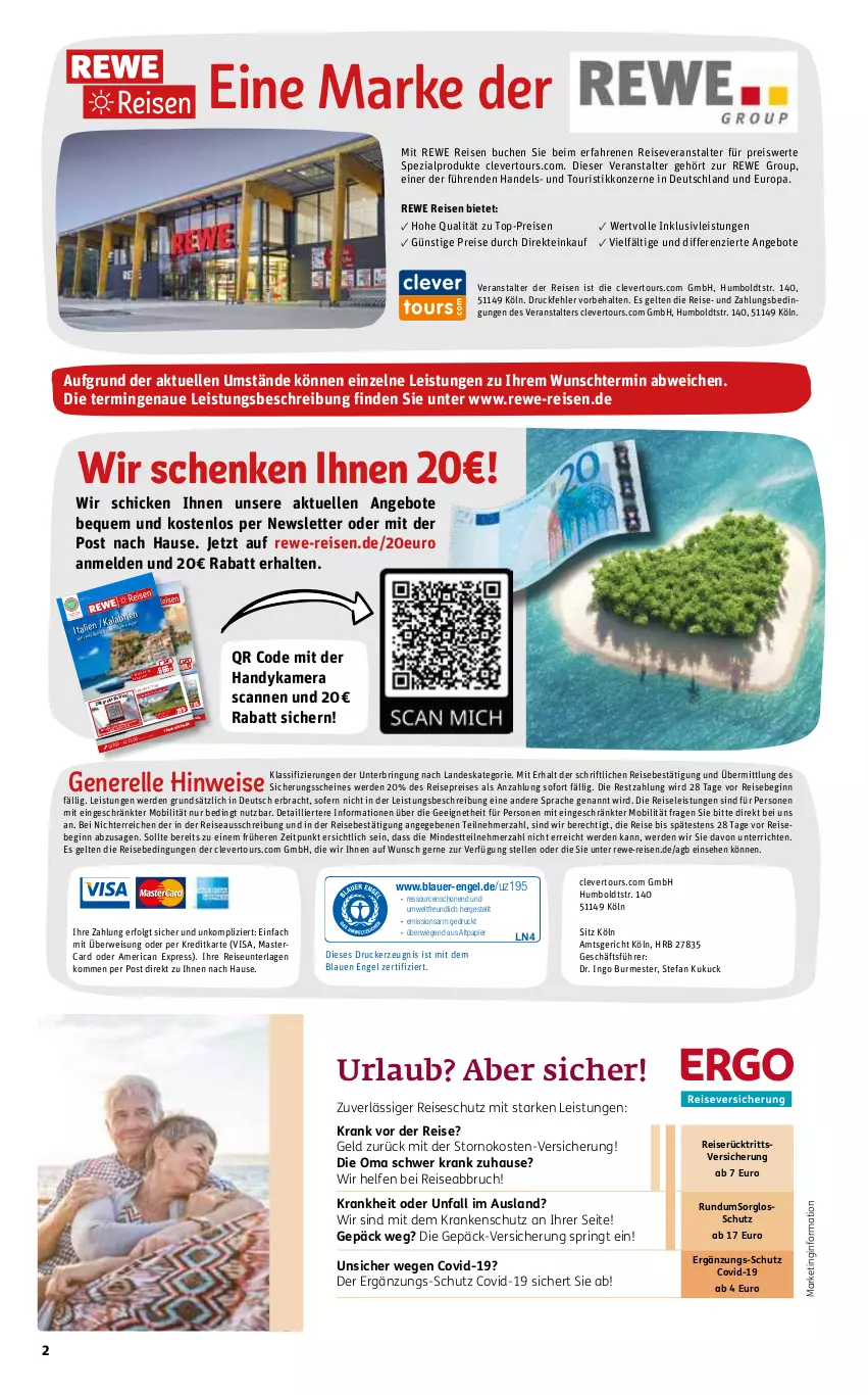 Aktueller Prospekt Rewe Reisen - Reiseprospekt - von 28.08 bis 29.09.2023 - strona 2 - produkty: alpro, angebot, angebote, auer, Bad, brie, buch, drucker, eier, eis, elle, Engel, erde, gin, Handy, inklusivleistungen, kamera, kerze, LG, mastercard, Mode, papier, reis, reiseveranstalter, rel, ring, Spezi, Ti, top-preis, uhr