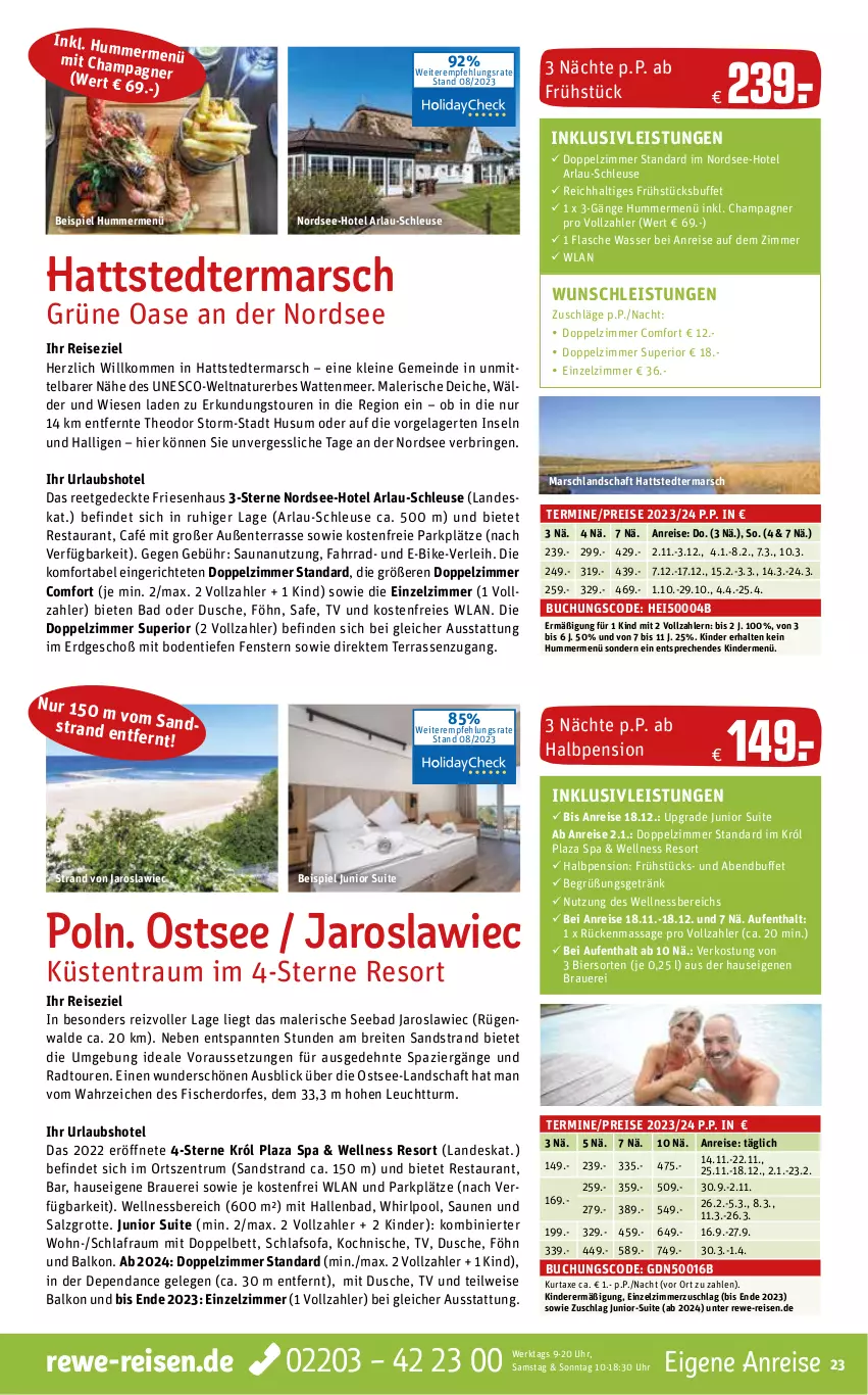 Aktueller Prospekt Rewe Reisen - Reiseprospekt - von 28.08 bis 29.09.2023 - strona 23 - produkty: arla, auer, axe, Bad, bett, bier, Brei, buch, champagne, champagner, dusche, E-Bike, eis, ente, Fahrrad, fenster, fisch, fische, Fischer, flasche, getränk, inklusivleistungen, Kinder, kurtaxe, leine, mars, natur, Nordsee, pool, reis, ring, rum, salz, schlafsofa, Sofa, Ti, uhr, usb, wasser, wellnessbereich, Whirlpool