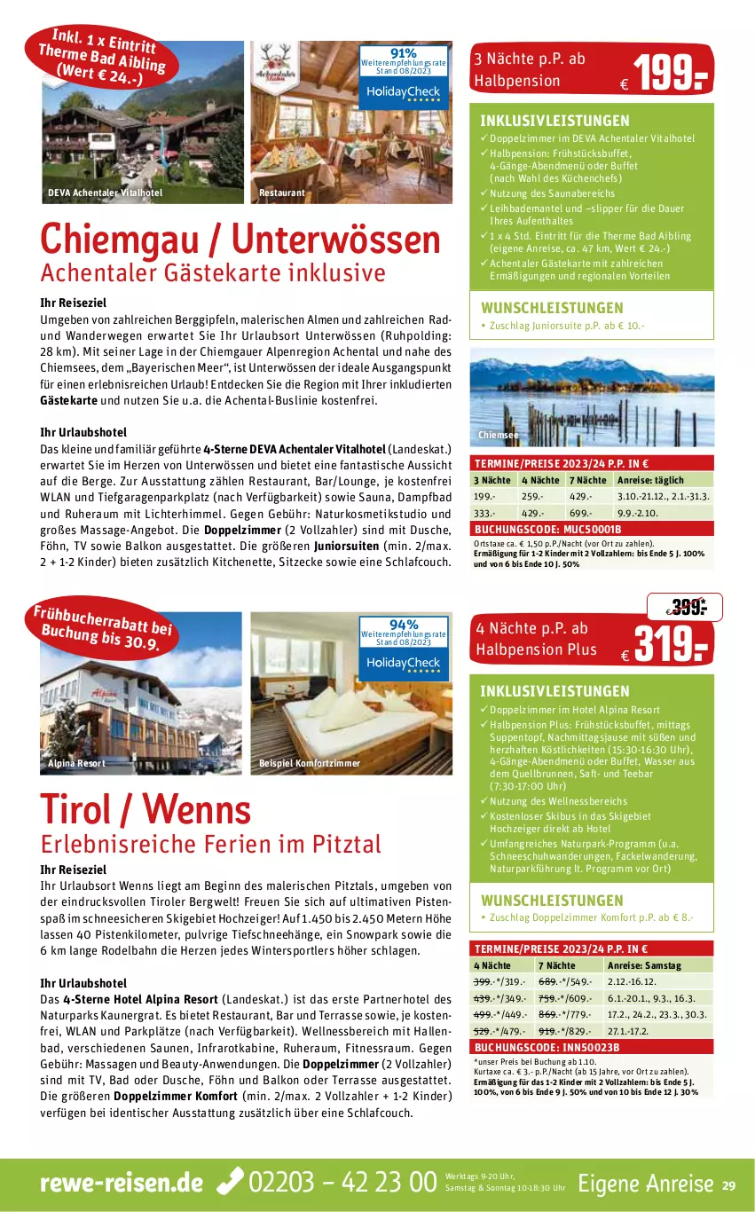 Aktueller Prospekt Rewe Reisen - Reiseprospekt - von 28.08 bis 29.09.2023 - strona 29 - produkty: alpina, angebot, asti, auer, axe, Bad, Bademantel, brunnen, buch, Couch, decke, dusche, eis, fanta, gin, HP, inklusivleistungen, Kinder, kosmetik, küche, Küchen, kurtaxe, leine, Mantel, natur, naturkosmetik, Quellbrunn, reis, rwe, saft, slip, Slipper, Sport, suppe, suppen, tee, Ti, tisch, topf, uhr, vita, wasser, wellnessbereich