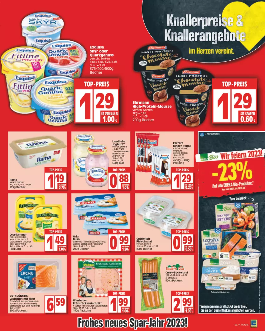 Aktueller Prospekt Edeka - Angebote der Woche - von 09.01 bis 14.01.2023 - strona 11 - produkty: aeg, aqua, arla, arla buko, auer, aufschnitt, aus dem kühlregal, Bau, Bauer, Becher, beispielabbildung, bio, bockwurst, Buko, curry, deka, edeka bio, eis, erde, ferrero, filet, fisch, fleisch, fleischsalat, frischfisch, frischkäse, frischkäsezubereitung, gin, gutfleisch, joghur, joghurt, Käse, Kinder, kinder pingui, küche, Küchen, kühlregal, lachs, lachsfilet, landliebe, leerdammer, pingui, rama, regal, rwe, salat, schnittkäse, tee, Ti, wiesbauer, wurst