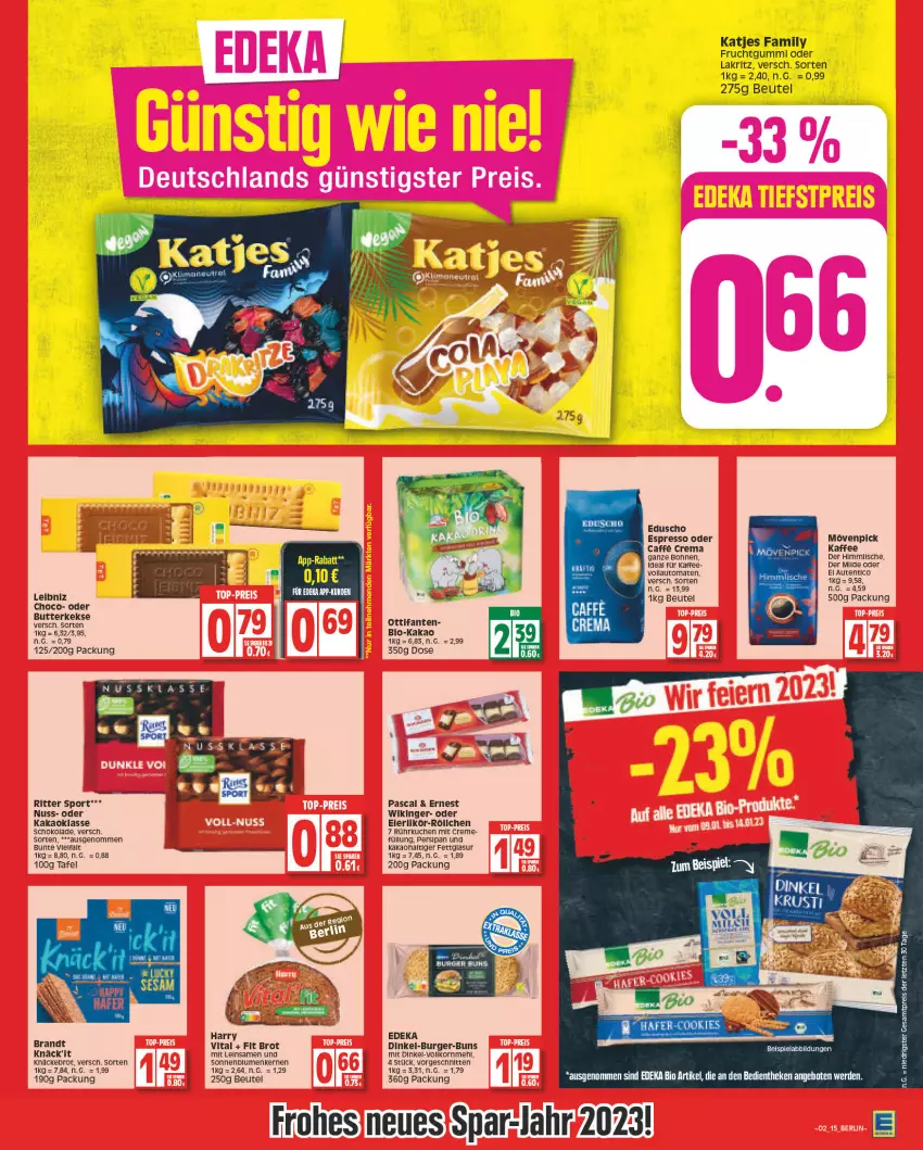 Aktueller Prospekt Edeka - Angebote der Woche - von 09.01 bis 14.01.2023 - strona 15 - produkty: angebot, angebote, auto, beutel, bio, blume, blumen, brandt, brot, burger, butter, butterkeks, caffe, creme, deka, edeka bio, eduscho, eis, erde, espresso, espresso oder, frucht, fruchtgummi, kaffee, kakao, katjes, keks, kekse, knäckebrot, korn, kuchen, Lakritz, leibniz, likör, mehl, mövenpick, nuss, ritter, ritter sport, schnitten, schoko, schokolade, sonnenblume, sonnenblumen, Sonnenblumenkerne, sonnenblumenkernen, Sport, Ti, tomate, tomaten, vita, vollautomaten