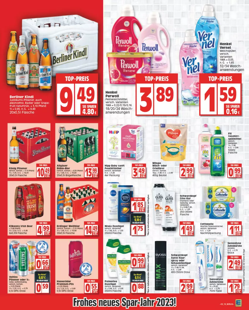 Aktueller Prospekt Edeka - Angebote der Woche - von 09.01 bis 14.01.2023 - strona 19 - produkty: arla, beutel, bier, Brei, bügel, bügelflasche, bürste, cottonelle, creme, duschgel, elle, erdinger, feinwaschmittel, feuchttücher, flasche, geschirr, gliss, gliss kur, hasseröder, henkel, hipp, könig pilsener, LG, milch, milupa, nivea, olive, palmolive, perwoll, pils, pilsener, Ria, schaumfestiger, schwarzkop, schwarzkopf, sensodyne, shampoo, spülmittel, spülung, syoss, Ti, tücher, vernel, waschmittel, weichspüler, Yo, zahnbürste, zahncreme