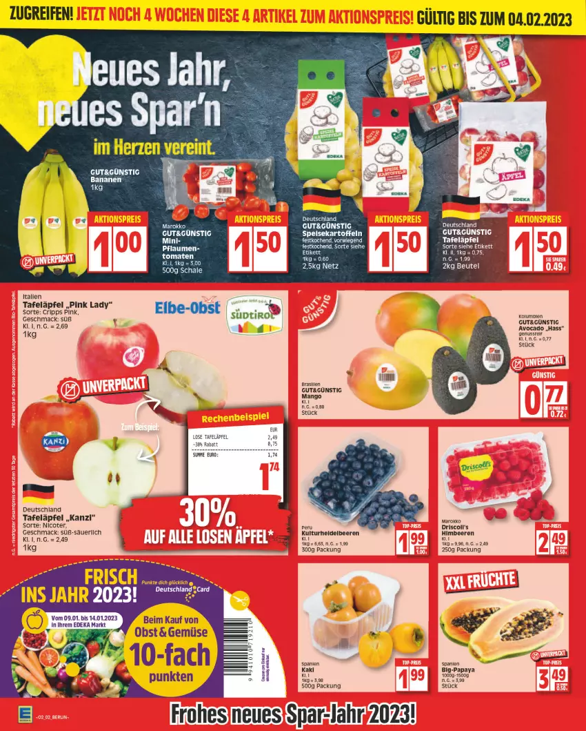 Aktueller Prospekt Edeka - Angebote der Woche - von 09.01 bis 14.01.2023 - strona 2 - produkty: avocado, banane, bananen, beere, beeren, beutel, coupon, deka, driscoll's, eis, heidelbeere, heidelbeeren, himbeer, himbeere, himbeeren, kartoffel, kartoffeln, mac, mango, nuss, obst, Papaya, pflaume, pflaumen, Pink Lady, reifen, Schal, Schale, speisekartoffeln, tafeläpfel, Ti, tomate, tomaten