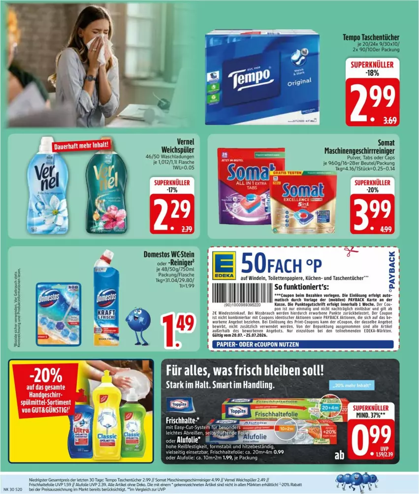 Aktueller Prospekt Edeka - Prospekte - von 20.07 bis 25.07.2026 - strona 22 - produkty: angebot, auto, beutel, bio, Cap, coupon, coupons, deka, domestos, ente, erde, flasche, geschirr, küche, Küchen, LG, payback, Rauch, reiniger, rwe, somat, Tasche, taschen, taschentücher, tee, Tempo, Ti, tisch, tücher, vernel, weichspüler, windeln