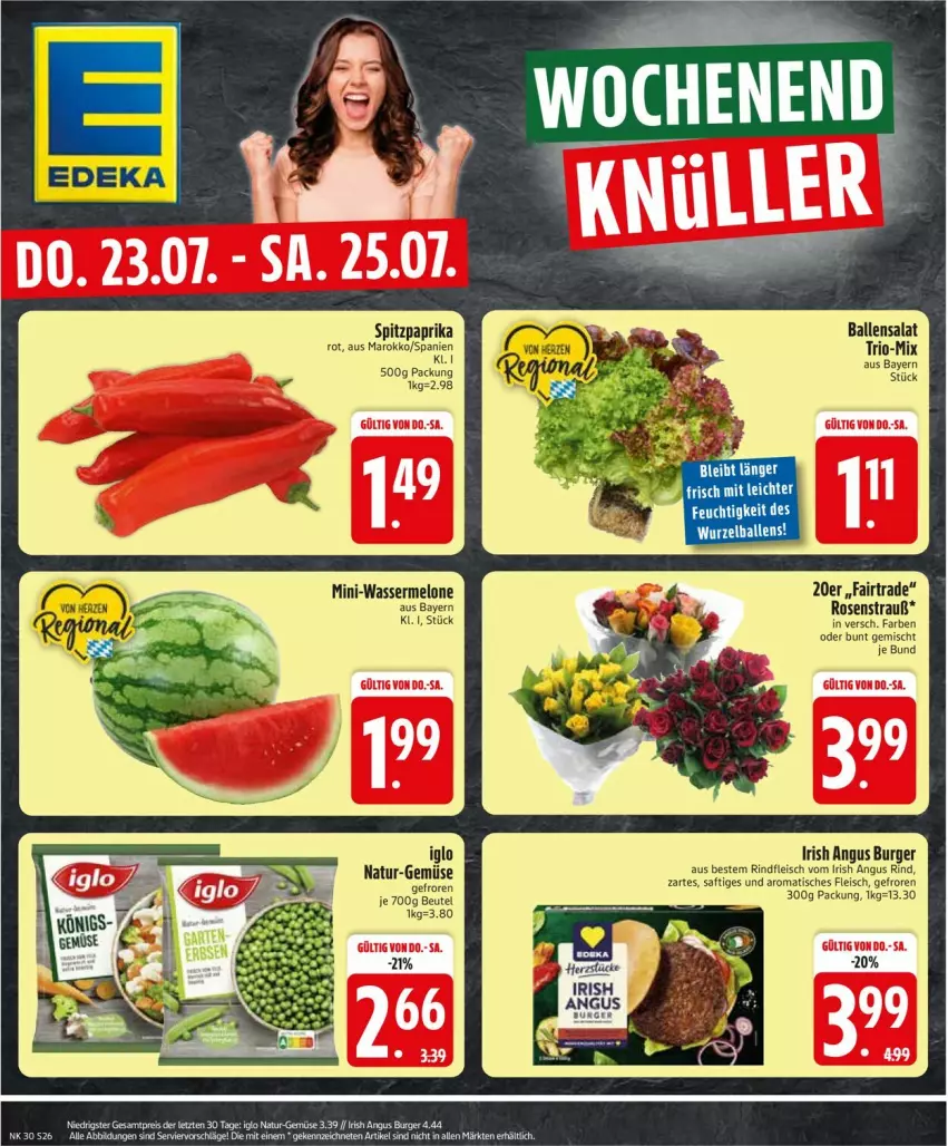 Aktueller Prospekt Edeka - Prospekte - von 20.07 bis 25.07.2026 - strona 28 - produkty: ball, beutel, burger, eis, fleisch, iglo, melone, natur, paprika, paprika rot, rind, rindfleisch, rosen, Rosenstrauß, saft, salat, Spitzpaprika, Ti, tisch, wasser, wassermelone