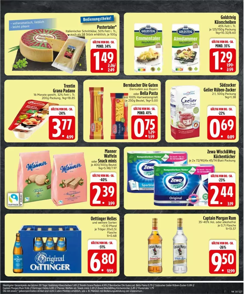 Aktueller Prospekt Edeka - Prospekte - von 20.07 bis 25.07.2026 - strona 29 - produkty: alkohol, bernbacher, beutel, Cap, captain morgan, eier, eiernudeln, elle, flasche, goldsteig, grana, grana padano, hartweizen, Käse, käsescheiben, küche, Küchen, küchentücher, Manner, nudel, nudeln, oettinger, padano, pasta, Rana, rum, schnittkäse, südzucker, Ti, tücher, waffeln, zewa, zucker