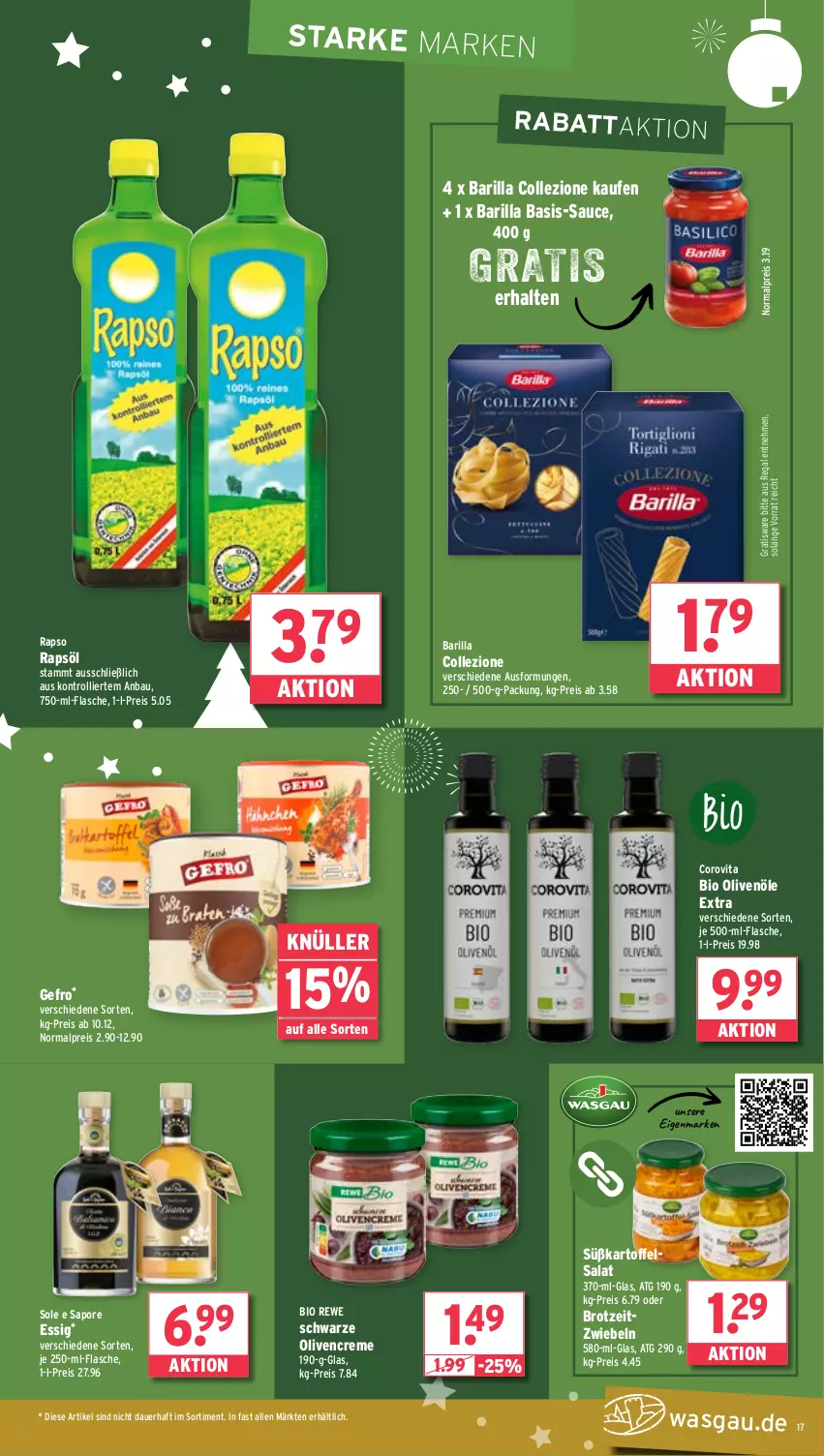 Aktueller Prospekt Wasgau - von 09.12 bis 14.12.2024 - strona 17 - produkty: auer, barilla, Bau, bio, brot, creme, eis, essig, flasche, je 500-ml-flasche, kartoffel, kartoffelsalat, olive, oliven, olivenöl, rapso, rapsöl, regal, reis, salat, sauce, Ti, trolli, vita, zwiebel, zwiebeln