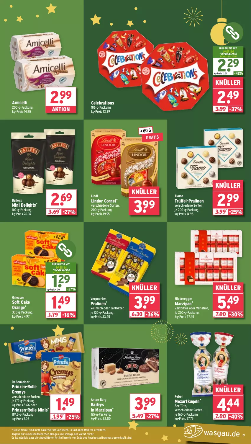 Aktueller Prospekt Wasgau - von 09.12 bis 14.12.2024 - strona 21 - produkty: amicelli, angebot, auer, baileys, cremys, debeukelaer, Egger, eis, griesson, Kugel, lindor, lindt, marzipan, milch, orange, pralinen, reis, Ria, Ti, Trüffel, Tüte, verpoorten, vollmilch