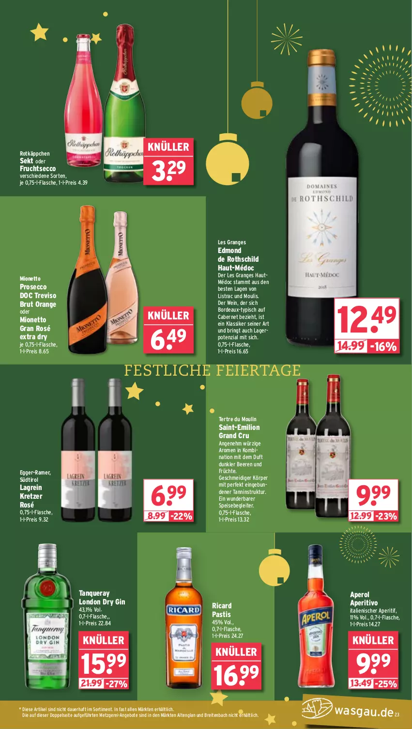 Aktueller Prospekt Wasgau - von 09.12 bis 14.12.2024 - strona 23 - produkty: angebot, angebote, aperitif, aperol, asti, auer, beere, beeren, Brei, brut, cabernet, dry gin, ecco, Egger, eier, eis, flasche, frucht, früchte, fruchtsecco, gin, lion, london dry, london dry gin, mionetto, orange, prosecco, reis, ring, rotkäppchen, sekt, Tanqueray, Ti, wein