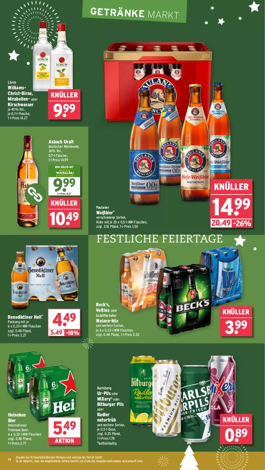 Aktueller Prospekt Wasgau - von 09.12 bis 14.12.2024 - strona 24 - produkty: angebot, asbach uralt, Benediktiner, bier, bitburger, bitburger pils, burger, eier, eis, elle, flasche, getränk, getränke, heineken, karlsberg, kirsch, Mixer, mixery, mw-flasche, natur, Paula, paulaner, pils, radler, reis, schöfferhofer, Ti, veltins, wasser, wein, weinbrand