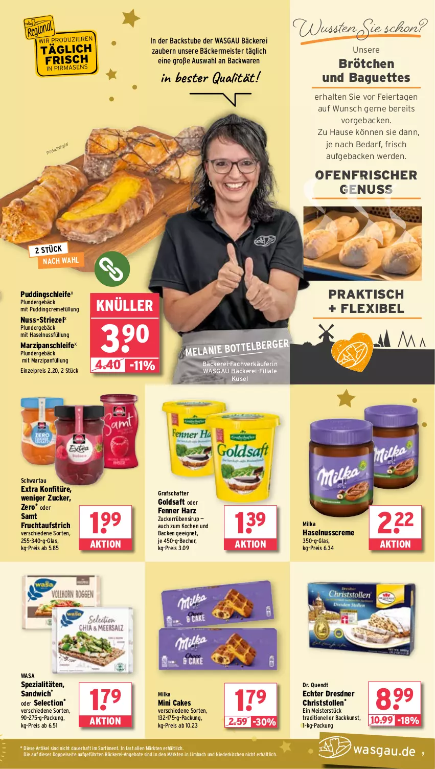 Aktueller Prospekt Wasgau - von 09.12 bis 14.12.2024 - strona 9 - produkty: angebot, angebote, auer, aufstrich, backwaren, baguette, baguettes, Becher, Berger, brötchen, creme, eier, eis, Elan, elle, erde, frucht, fruchtaufstrich, geback, goldsaft, grafschafter, haselnuss, Haselnusscreme, konfitüre, marzipan, Marzipanfüllung, Meister, milka, nuss, Ofen, Plunder, pudding, reis, saft, sandwich, Schwartau, sirup, Spezi, Stollen, stube, Ti, tisch, wasa, zucker