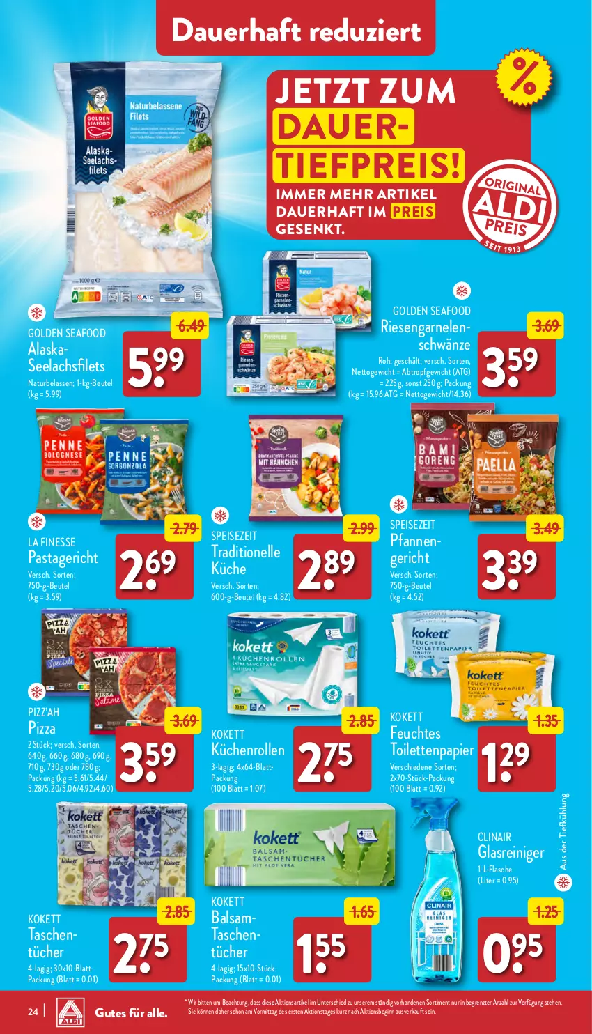 Aktueller Prospekt Aldi Nord - Von Montag - von 07.08 bis 12.08.2023 - strona 24 - produkty: auer, aus der tiefkühlung, balsam, beutel, Clin, eis, elle, feuchtes toilettenpapier, filet, filets, finesse, flasche, garnelen, gin, Glasreiniger, küche, Küchen, küchenrolle, küchenrollen, lachs, lachsfilet, lachsfilets, natur, papier, pasta, Pastagericht, pfanne, pfannen, pizza, reiniger, reis, riesengarnelen, seelachsfilet, Tasche, taschen, Ti, tiefpreis, toilettenpapier, tücher, ZTE