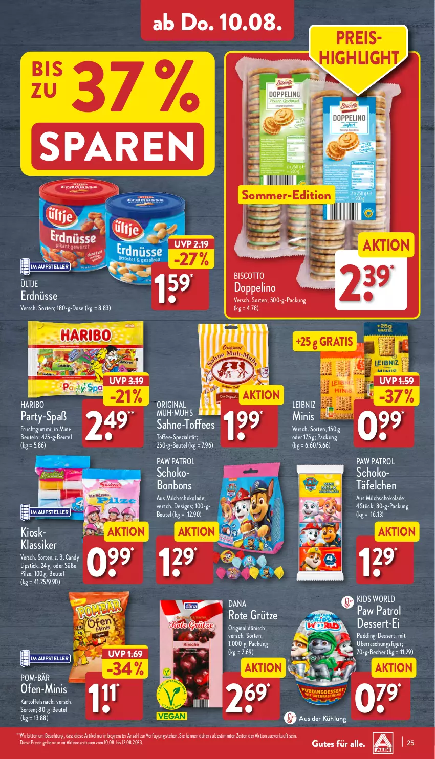 Aktueller Prospekt Aldi Nord - Von Montag - von 07.08 bis 12.08.2023 - strona 25 - produkty: Becher, beutel, biscotto, bonbons, dessert, eis, elle, erdnüsse, frucht, fruchtgummi, gin, grütze, haribo, kartoffel, leibniz, Lipstick, milch, Ofen, Paw Patrol, pilze, pom-bär, pudding, reis, Rote Grütze, sahne, schoko, schokolade, snack, Spezi, teller, Ti, ültje, ültje erdnüsse, ZTE