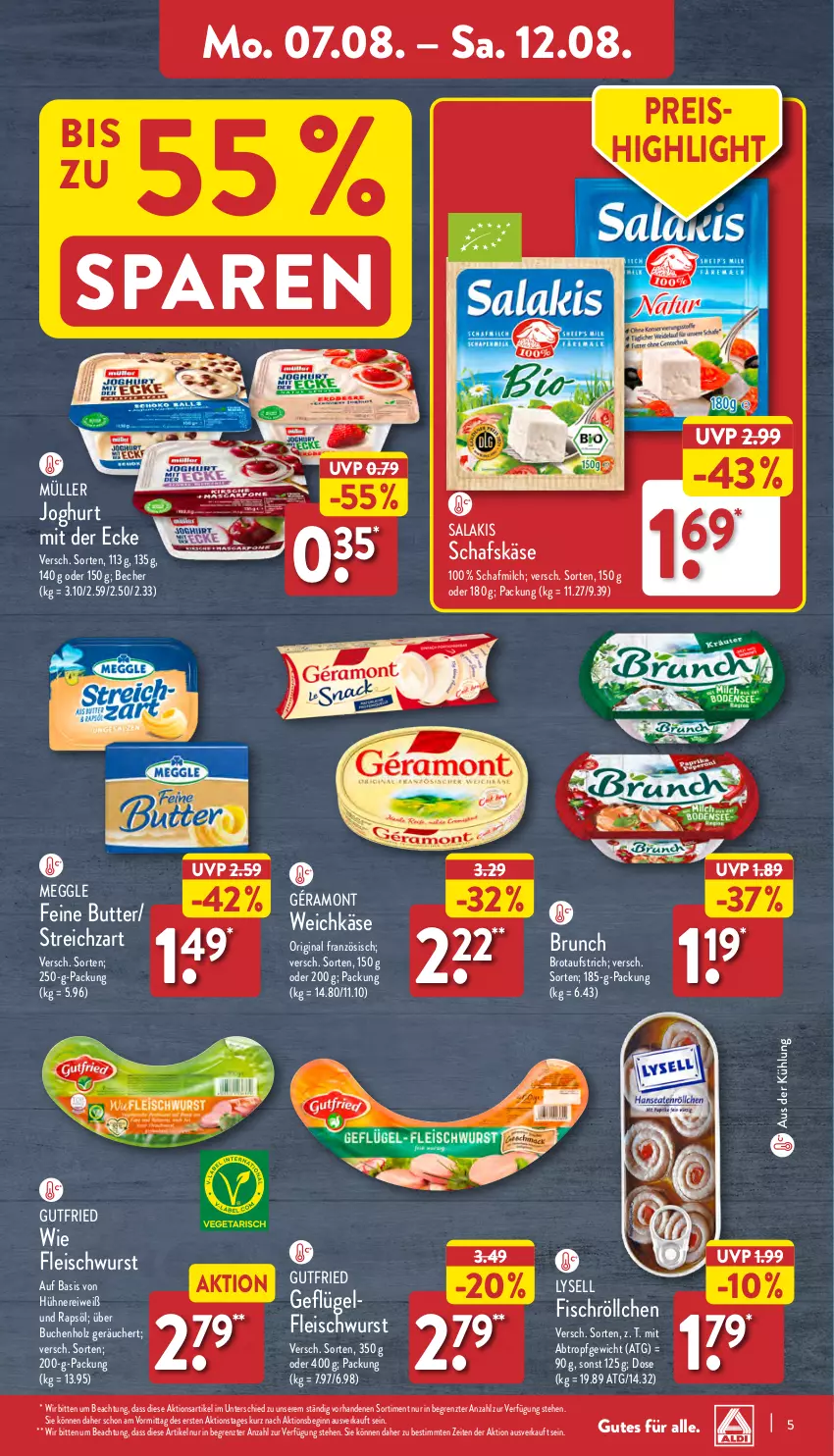 Aktueller Prospekt Aldi Nord - Von Montag - von 07.08 bis 12.08.2023 - strona 5 - produkty: aufstrich, Becher, brot, brotaufstrich, buch, butter, eis, fisch, fleisch, fleischwurst, Geflügel, géramont, gin, gutfried, Holz, hühner, joghur, joghurt, joghurt mit der ecke, Käse, lysell, meggle, milch, Müller, rapsöl, reis, salakis, schafskäse, Streichzart, Ti, weichkäse, wurst, ZTE