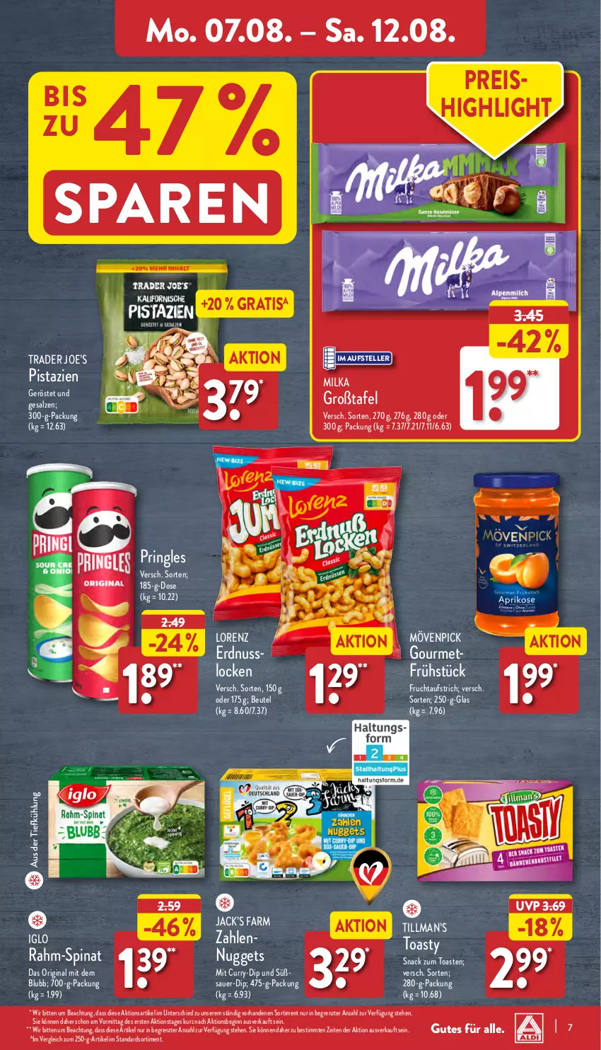 Aktueller Prospekt Aldi Nord - Von Montag - von 07.08 bis 12.08.2023 - strona 7 - produkty: auer, aufstrich, aus der tiefkühlung, beutel, curry, dip, eis, elle, erdnuss, frucht, fruchtaufstrich, gin, iglo, lorenz, milka, mövenpick, nuggets, nuss, pistazien, pringles, rahm-spinat, reis, ring, salz, snack, spinat, teller, Ti, toast, toasty, ZTE