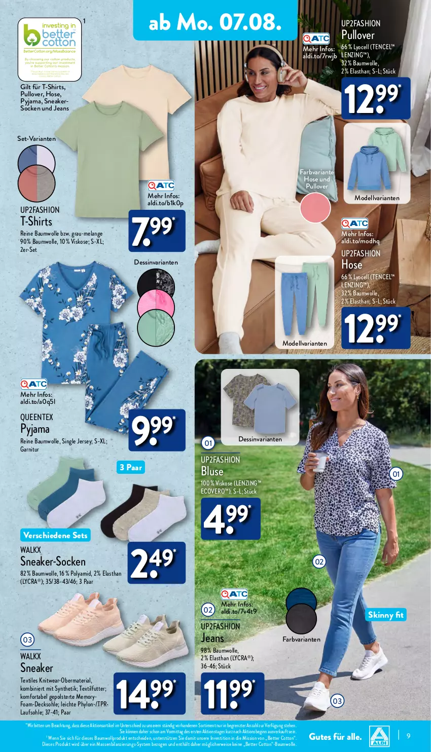 Aktueller Prospekt Aldi Nord - Von Montag - von 07.08 bis 12.08.2023 - strona 9 - produkty: aldi, Bau, baumwolle, bett, bluse, decksohle, dell, ecovero, eis, Elan, ente, garnitur, gin, hose, Hylo, jeans, lenzing, Mode, Pullover, Pyjama, Queentex, reine baumwolle, Ria, rwe, shirt, shirts, sneaker, sneakersocken, socken, T-Shirt, Ti, up2fashion, walkx, wolle, Yo, ZTE