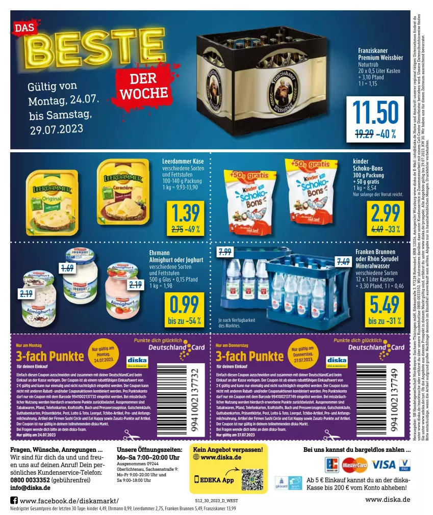 Aktueller Prospekt Diska - Prospekte - von 17.07 bis 22.07.2023 - strona 12 - produkty: almighur, almighurt, Alwa, angebot, angebote, Astra, brunnen, buch, coupon, deka, ehrmann, ehrmann almighurt, eis, ente, erde, franken brunnen, franziskaner, guthabenkarte, gutschein, joghur, joghurt, Kinder, kraft, leerdammer, LG, mineralwasser, natur, reis, ring, sac, schoko, schoko-bons, Tchibo, tee, telefon, Ti, uhr, uhu, wasser, ZTE