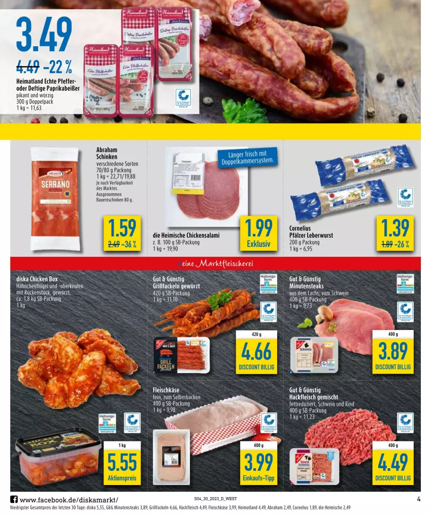 Aktueller Prospekt Diska - Prospekte - von 17.07 bis 22.07.2023 - strona 4 - produkty: aktionspreis, auer, Bau, Bauer, Bauernschinken, discount, eis, fleisch, fleischkäse, gewürz, grill, grillfackeln, hackfleisch, hähnchenflügel, Käse, kerze, leberwurst, minutensteaks, paprika, pfeffer, reis, rind, salami, schinken, schwein, schwein und rind, steak, steaks, Ti, wein, wurst, ZTE