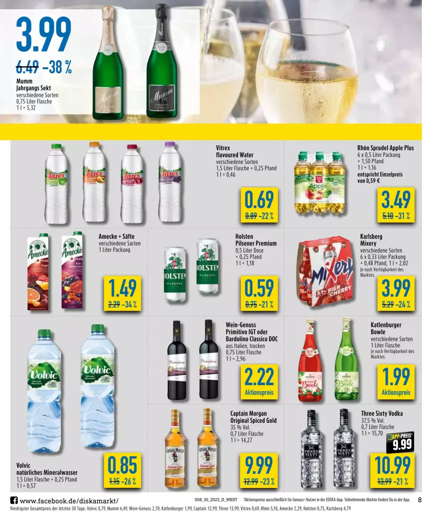 Aktueller Prospekt Diska - Prospekte - von 17.07 bis 22.07.2023 - strona 8 - produkty: aktionspreis, Alwa, amecke, Apple, bowle, burger, Cap, captain morgan, classico, deka, eis, flasche, gin, holsten, karlsberg, katlenburger, mineralwasser, Mixer, mixery, mumm, natürliches mineralwasser, nuss, original spiced gold, pils, pilsener, primitivo, reis, säfte, sekt, Sprudel, Three Sixty, Ti, vitrex, vodka, volvic, volvic natürliches, wasser, wein, ZTE