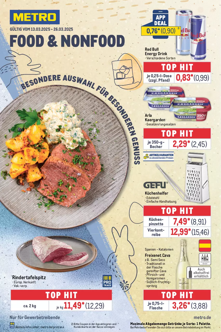 Aktueller Prospekt Metro - Food-Nonfood - von 13.03 bis 26.03.2025 - strona 1 - produkty: arla, Becher, Cava, coupon, drink, edelstahl, energy drink, flasche, freixenet, frucht, getränk, getränke, honig, küche, Küchen, Küchenhelfer, Metro, nuss, Palette, pfirsich, Pinzette, red bull, rind, rinder, salz, tafelspitz, Ti