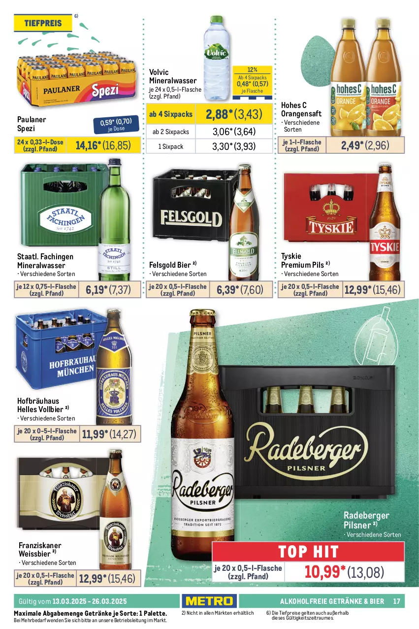 Aktueller Prospekt Metro - Food-Nonfood - von 13.03 bis 26.03.2025 - strona 17 - produkty: alkohol, alkoholfreie getränke, Alwa, aust, Berger, beutel, bier, chips, chipsfrisch, duplo, eis, elle, ferrero, flasche, franziskaner, Funny Frisch, getränk, getränke, Hohes C, Kaustreifen, Kinder, Kugel, lindor, lindt, mineralwasser, orange, orangen, orangensaft, Palette, Paula, paulaner, Pick Up!, pils, pilsner, premium pils, radeberger, radeberger pilsner, reifen, reis, riegel, saft, salz, schogetten, schoko, schokolade, Spezi, Staatl. Fachingen, tafelschokolade, Ti, tiefpreis, tyskie, volvic, wasser, weissbier