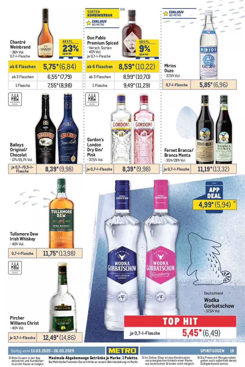 Aktueller Prospekt Metro - Food-Nonfood - von 13.03 bis 26.03.2025 - strona 19 - produkty: amaro, baileys, brut, burgunder, casal garcia, champagne, champagner, chantré, cola, coupon, crémant de loire, cuvée, dry gin, ecco, eis, elle, ente, erde, Fernet, fernet branca, flasche, fleisch, frucht, früchte, früchten, getränk, getränke, gin, Gorbatschow, gordon, grauburgunder, grill, harman, henkel, henkell, henkell sekt, himbeer, Holz, HP, irish whiskey, kirsch, kirsche, kirschen, küche, lamm, Lammfleisch, london dry, london dry gin, mac, mionetto, ouzo, Palette, Papaya, perla, pfirsich, pircher, prosecco, reis, Ria, rind, Rivaner, Schal, Schale, sekt, sim, spirituosen, Ti, tiefpreis, tullamore, tullamore dew, vinho verde, wein, weinbrand, weine, whiskey, Wild, wodka, zitrone