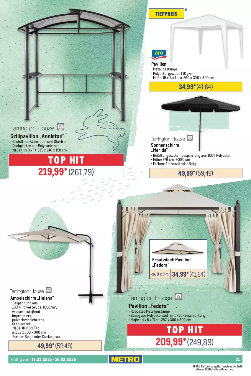 Aktueller Prospekt Metro - Food-Nonfood - von 13.03 bis 26.03.2025 - strona 31 - produkty: akku, ampelschirm, Bank, Bona, champagne, eis, garnitur, grill, Grillpavillon, Holz, HP, kissen, klappstuhl, latte, led-tischleuchte, Leuchte, leuchten, LG, pavillon, reis, Rückenkissen, Seitenmarkise, sessel, sonnenschirm, stapelstuhl, stuhl, Ti, tiefpreis, tisch, tischleuchte, tischplatte, wasser