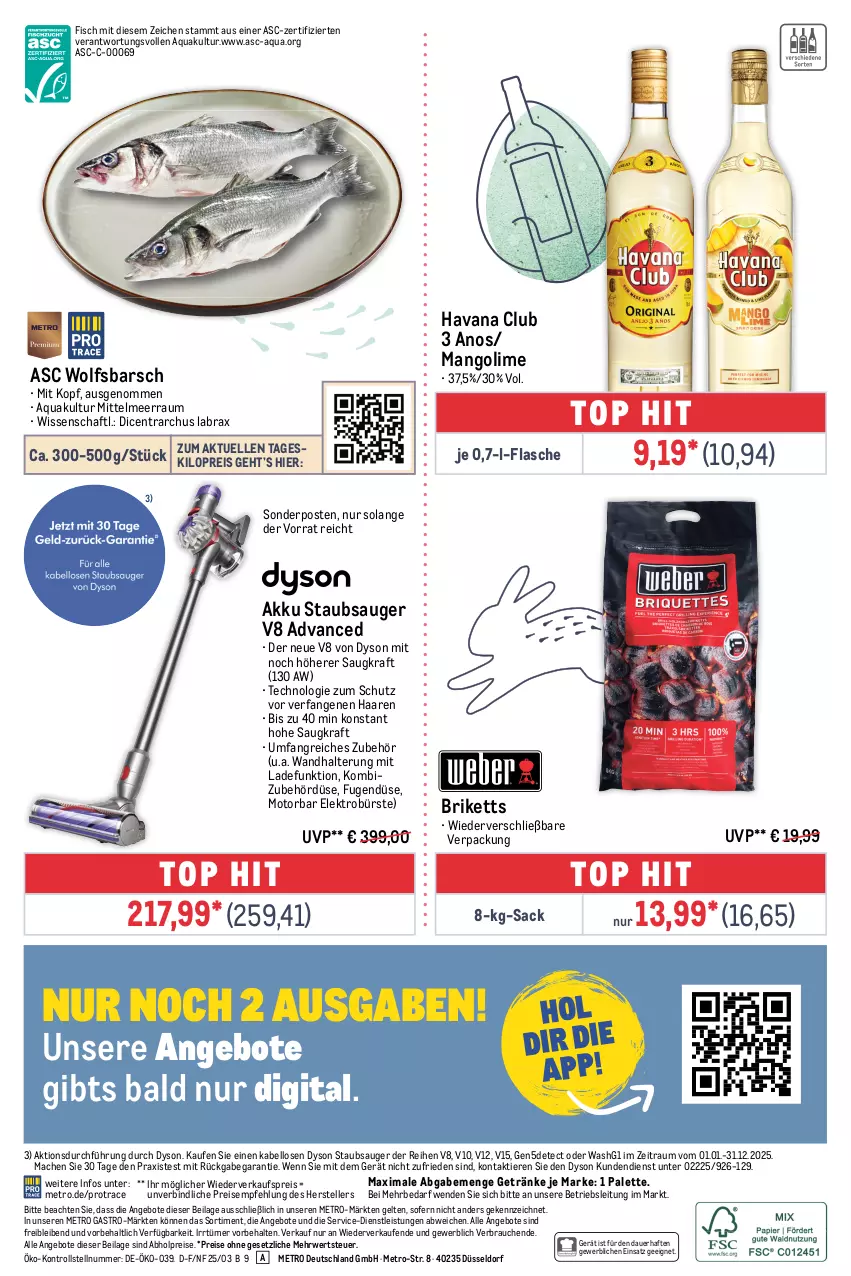 Aktueller Prospekt Metro - Food-Nonfood - von 13.03 bis 26.03.2025 - strona 32 - produkty: abholpreise, akku, angebot, angebote, aqua, auer, briketts, bürste, Dyson, eis, Elektro, elle, fisch, flasche, getränk, getränke, Havana Club, ilag, kraft, mac, mango, Metro, metro gastro, Palette, Rauch, reis, rwe, sac, sonderposten, staubsauger, teller, Ti, Tiere, wandhalterung, wolfsbarsch