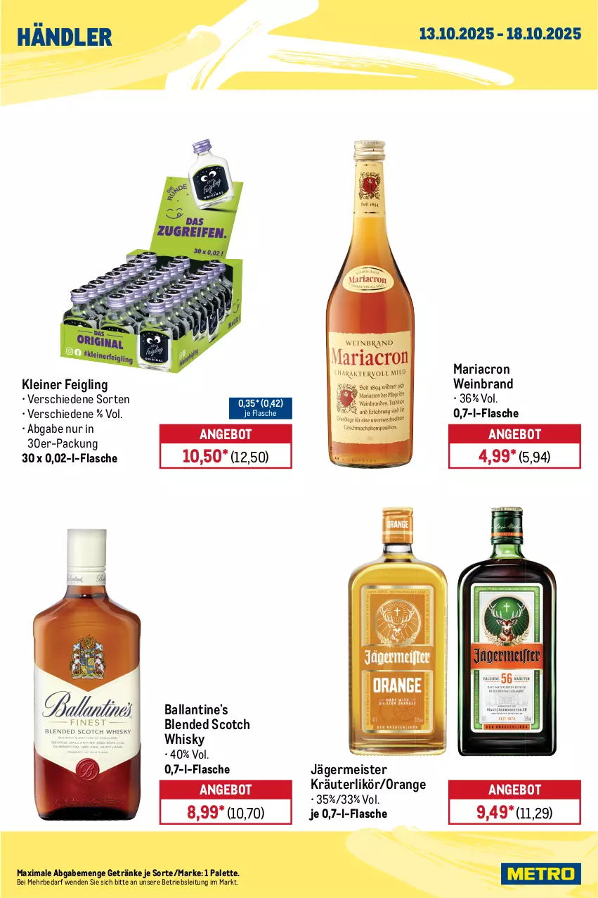 Aktueller Prospekt Metro - Wochen-Angebote Händler - von 20.10 bis 25.10.2025 - strona 7 - produkty: angebot, auer, ball, blended scotch, blended scotch whisky, budweiser, corona, corona extra, eis, flasche, Germ, getränk, getränke, jägermeister, kleiner feigling, kräuter, kräuterlikör, leine, likör, mariacron, Meister, orange, Palette, pils, reis, Ria, scotch, scotch whisky, steiner, Ti, tiefpreis, tyskie, warsteiner, wein, weinbrand, whisky