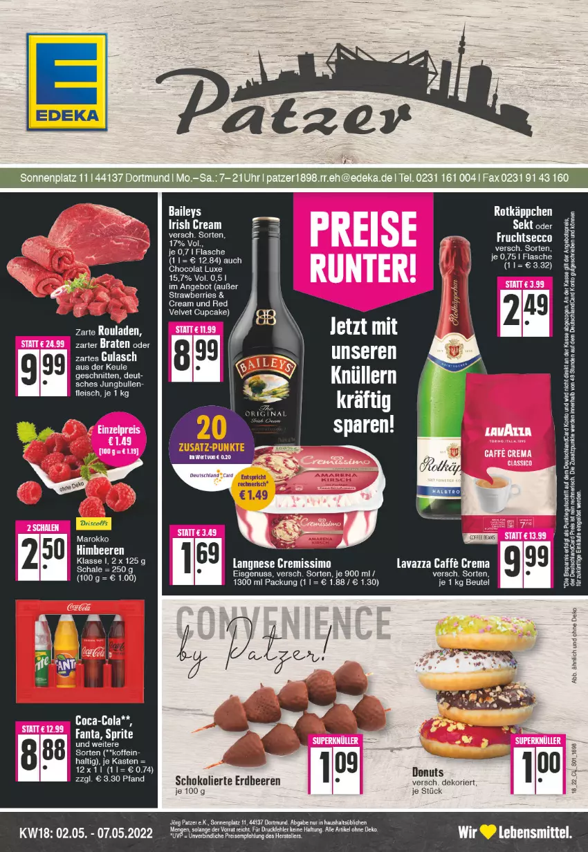 Aktueller Prospekt Edeka - Angebote der Woche - von 02.05 bis 07.05.2022 - strona 1 - produkty: angebot, angebotspreis, baileys, beere, beeren, beutel, braten, caffe, coca-cola, cola, cremissimo, deutschlandcard, eis, elle, erdbeere, erdbeeren, erde, fanta, fleisch, himbeer, himbeere, himbeeren, jungbullen, langnese, langnese cremissimo, lavazza, lebensmittel, LG, nuss, reis, rotkäppchen, rouladen, Schal, Schale, schnitten, schoko, sim, sprite, teller, Ti, velvet