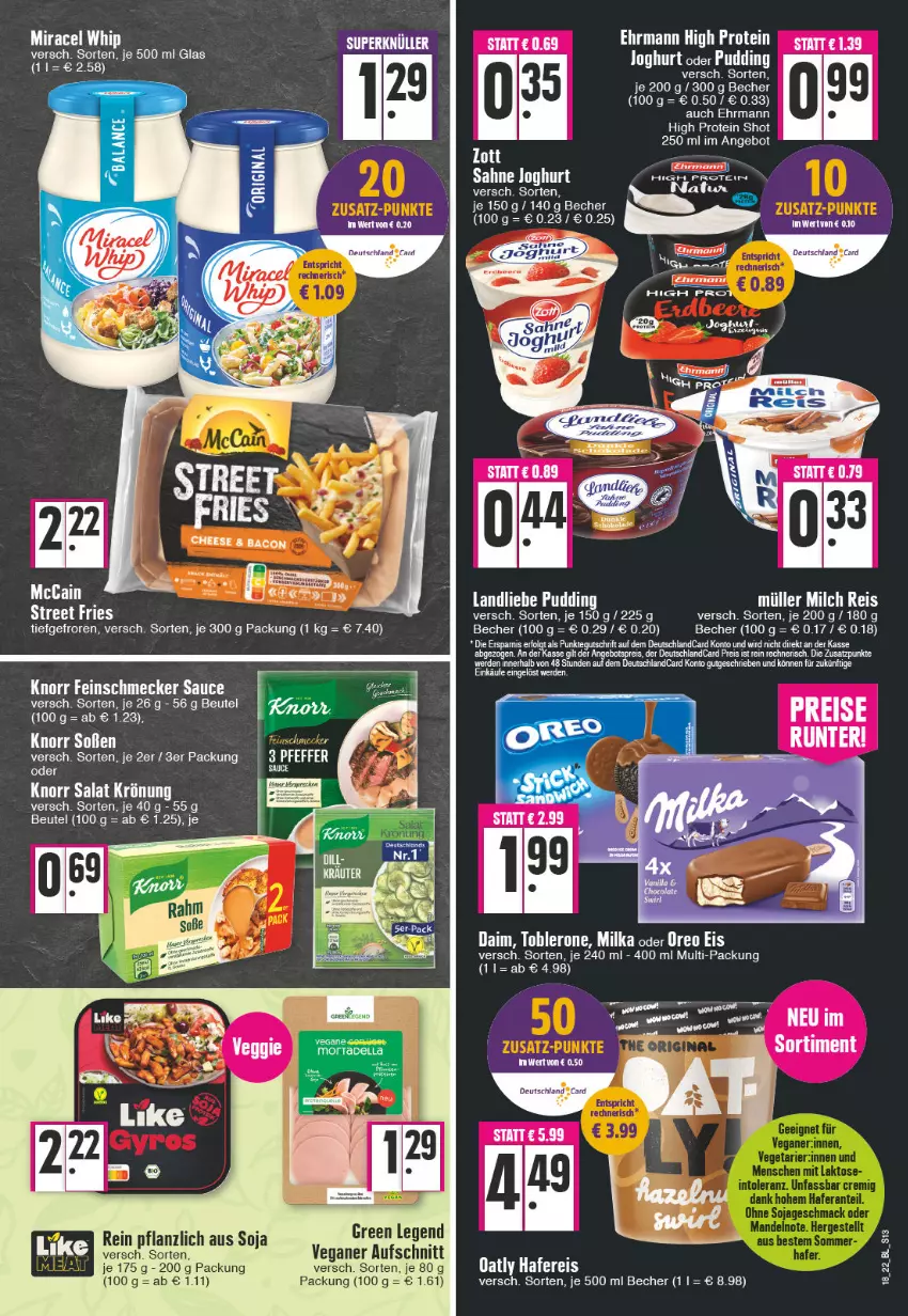 Aktueller Prospekt Edeka - Angebote der Woche - von 02.05 bis 07.05.2022 - strona 13 - produkty: angebot, aufschnitt, Becher, beutel, daim, deutschlandcard, ehrmann, eis, hafer, joghur, joghurt, knorr, landliebe, LG, mccain, milch, milka, miracel, miracel whip, Müller, oreo, pudding, reis, sahne, sahne joghurt, salat, soja, Soße, Ti, toblerone