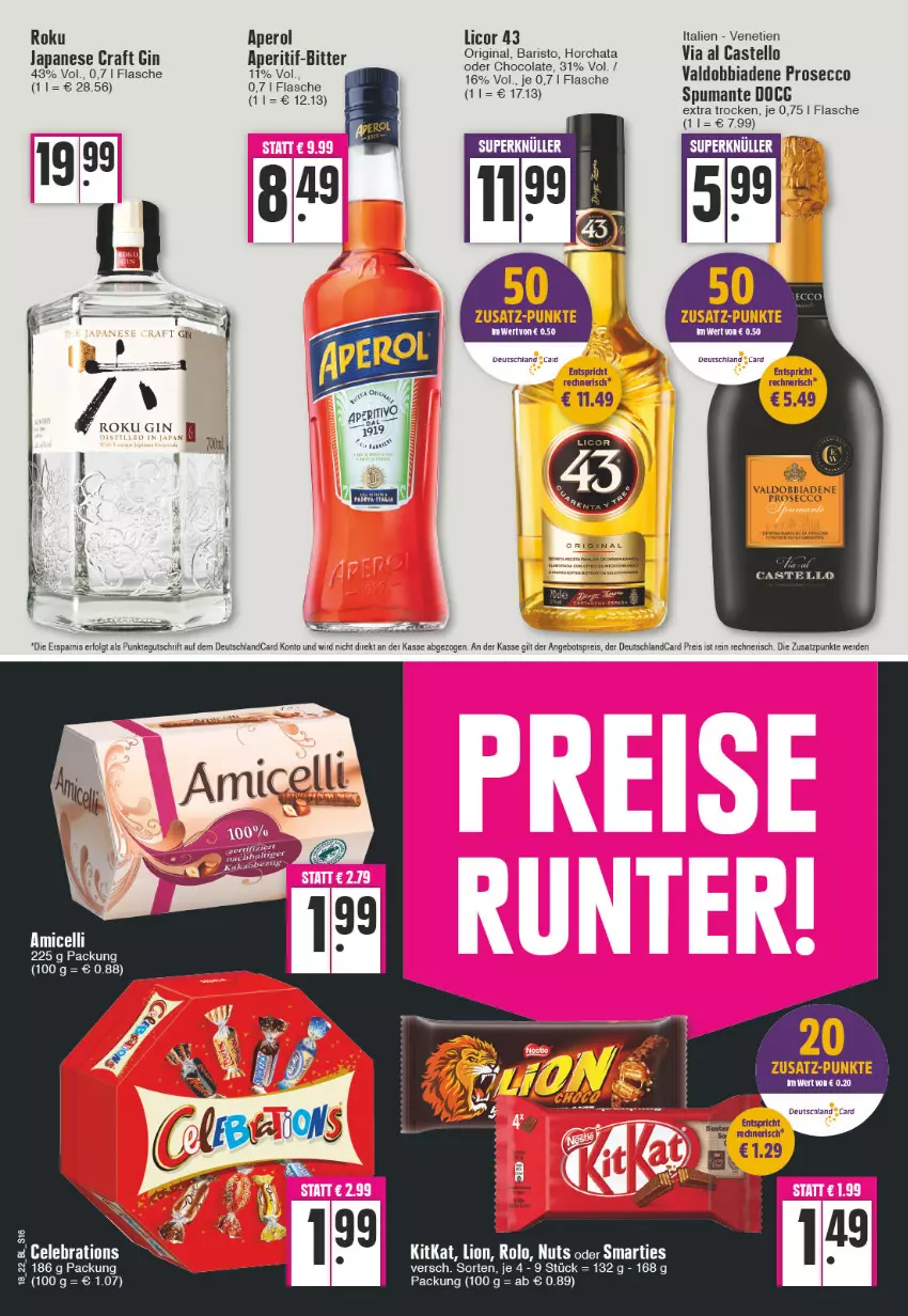 Aktueller Prospekt Edeka - Angebote der Woche - von 02.05 bis 07.05.2022 - strona 16 - produkty: amicelli, angebot, angebotspreis, aperitif, aperol, deutschland card, deutschlandcard, ecco, eis, erde, flasche, gin, kitkat, LG, licor, licor 43, lion, prosecco, puma, reis, smarties, spumante, Ti, valdo