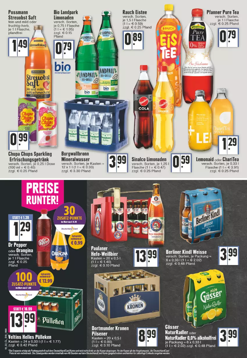 Aktueller Prospekt Edeka - Angebote der Woche - von 02.05 bis 07.05.2022 - strona 18 - produkty: alkohol, Alwa, angebot, angebotspreis, berliner, bio, burgwallbronn, chupa, chupa chups, deutschlandcard, eis, eistee, elle, erde, erfrischungsgetränk, flasche, frucht, getränk, gin, LG, limo, limonade, limonaden, mineralwasser, natur, orangina, pfanne, Pfanner, radler, Rauch, reis, saft, sinalco, tee, Ti, wasser