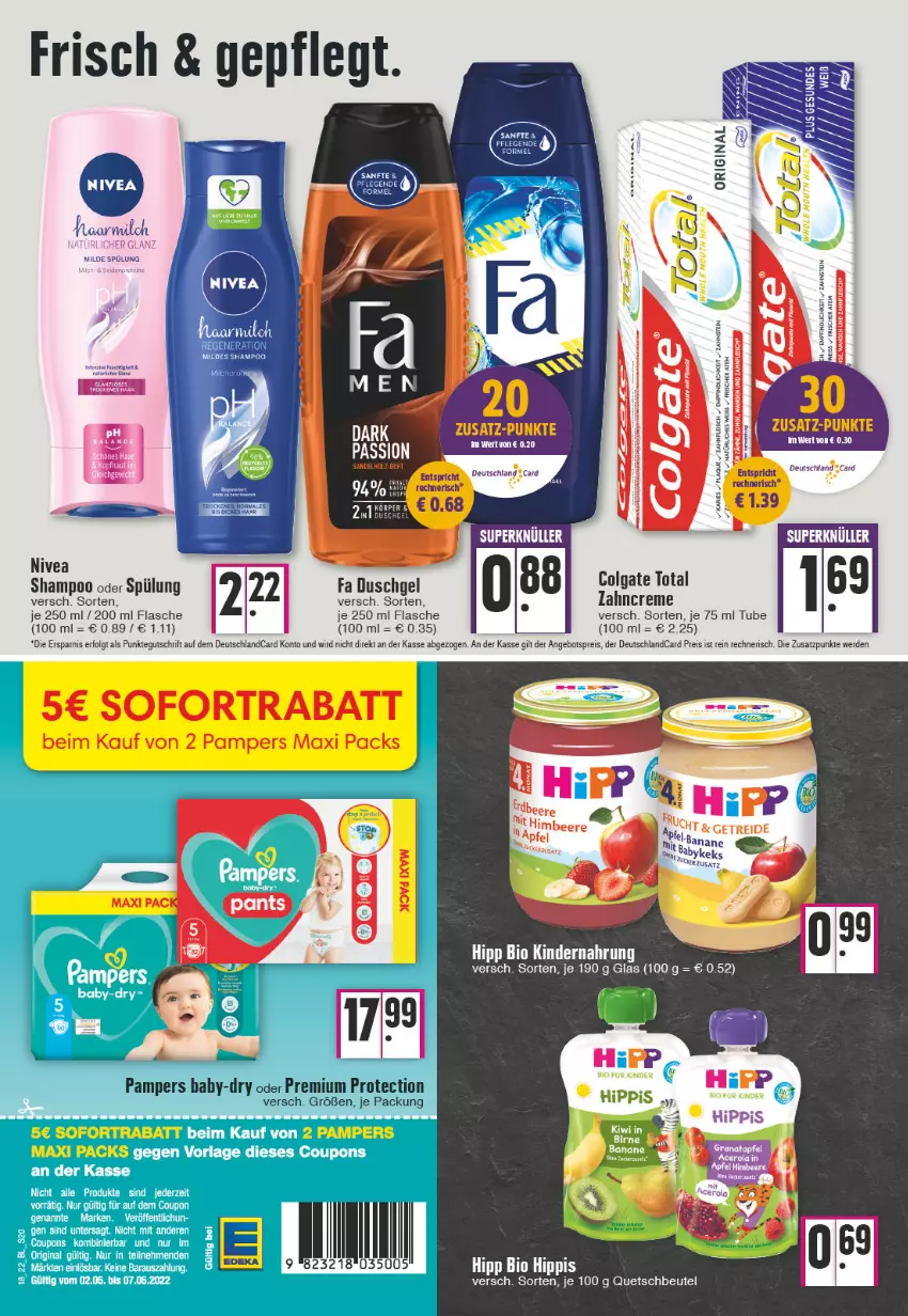 Aktueller Prospekt Edeka - Angebote der Woche - von 02.05 bis 07.05.2022 - strona 20 - produkty: angebot, angebotspreis, baby-dry, banane, beutel, bio, colgate, colgate total, creme, deutschlandcard, duschgel, eis, erde, fa duschgel, flasche, fleisch, gin, hipp, keks, Kinder, Kindernahrung, LG, milch, nivea, pampers, quetschbeutel, reis, shampoo, shampoo oder spülung, sofortrabatt, spülung, Ti, zahncreme